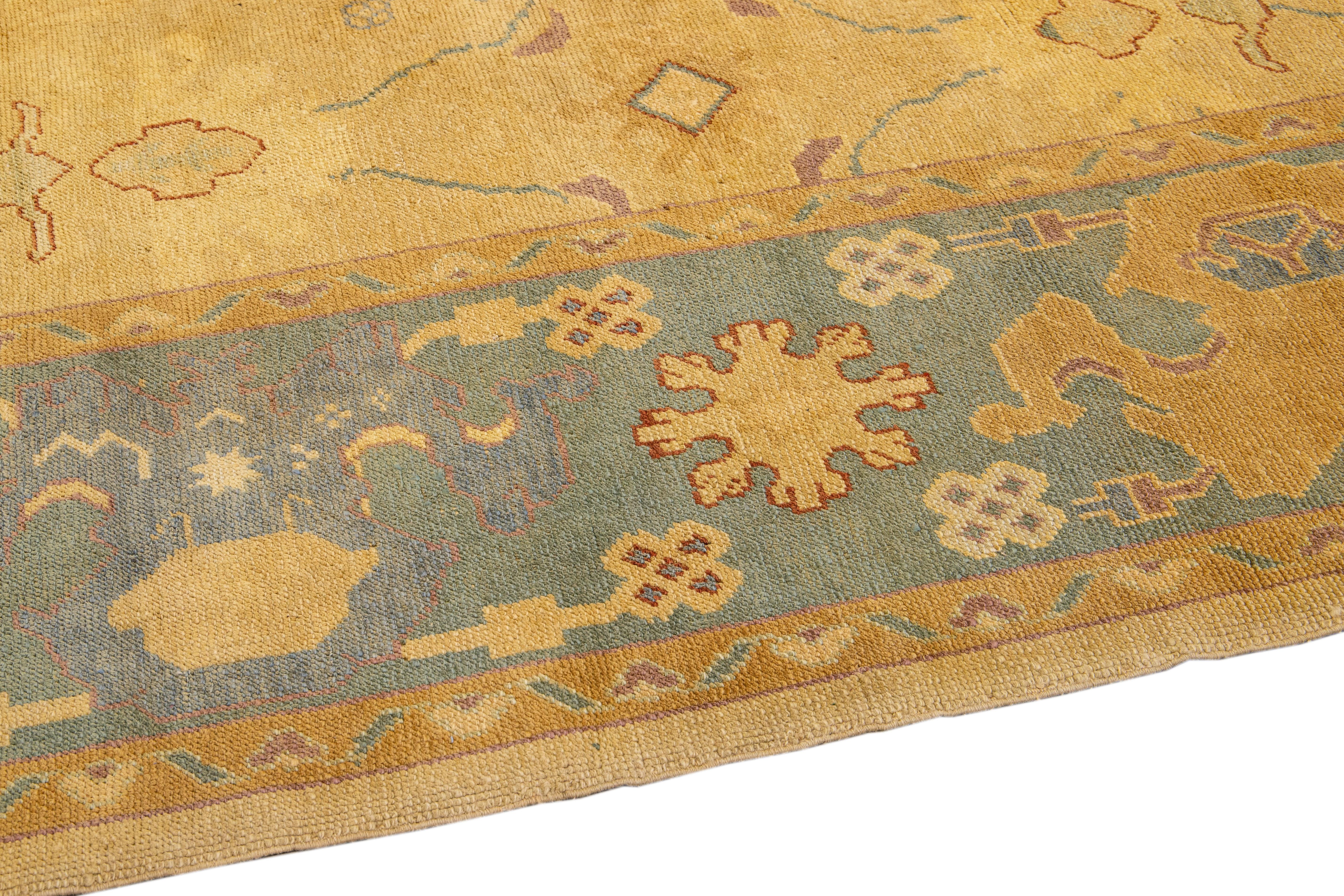 Contemporary Goldenrod Modern Turkish Oushak Handmade Floral Oversize Wool Rug For Sale
