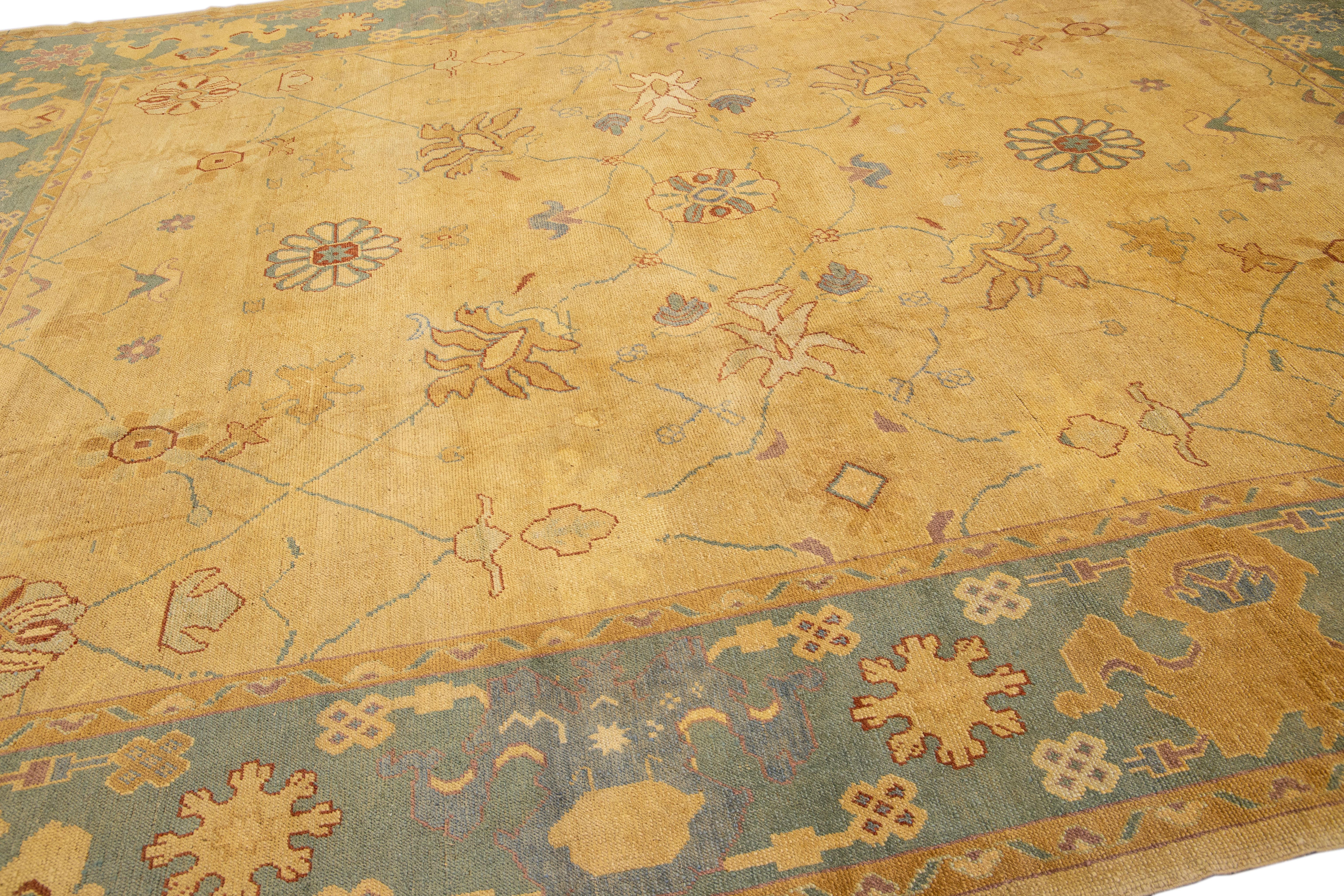 Goldenrod Modern Turkish Oushak Handmade Floral Oversize Wool Rug For Sale 1