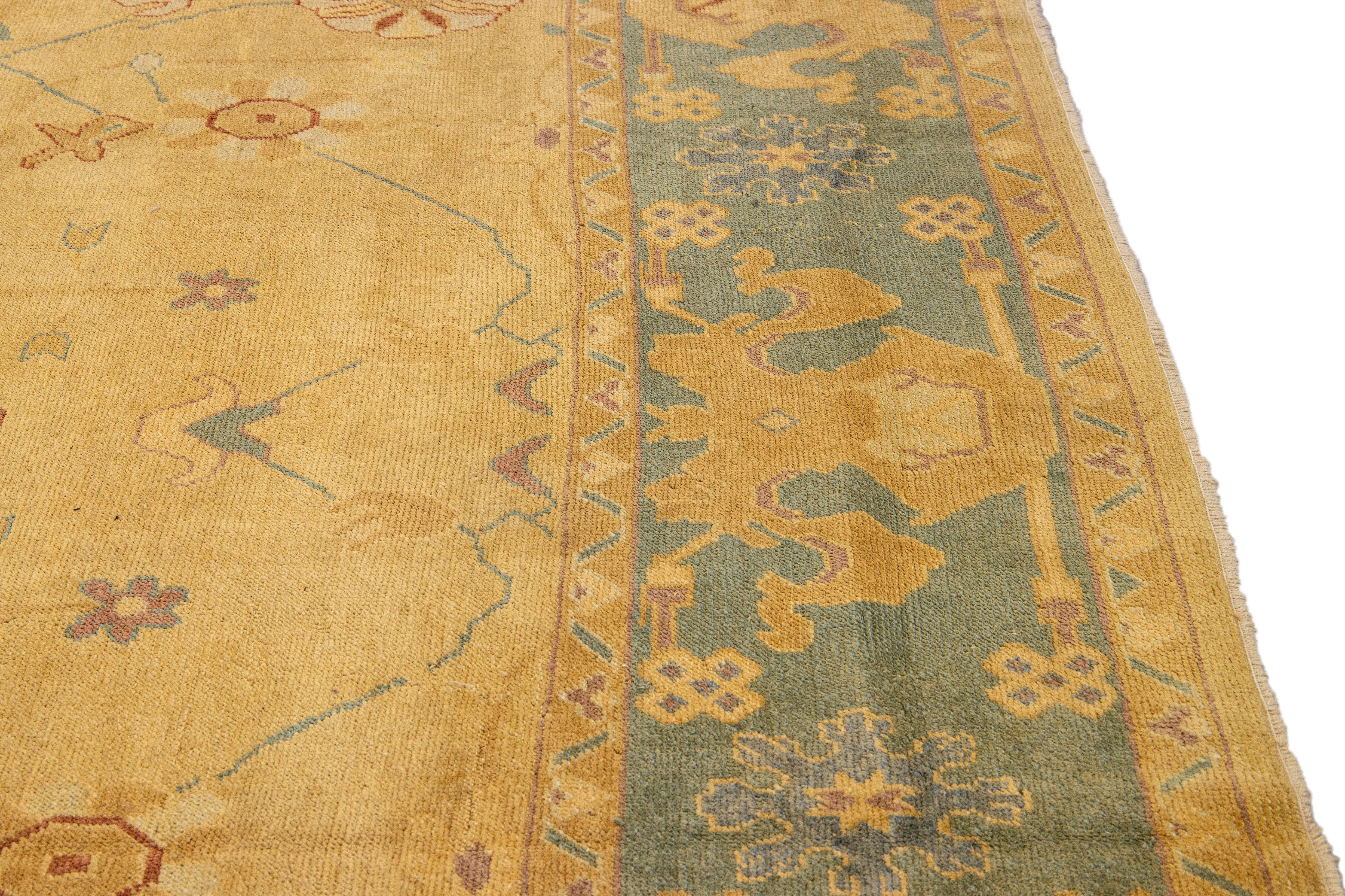 Goldenrod Modern Turkish Oushak Handmade Floral Oversize Wool Rug For Sale 2