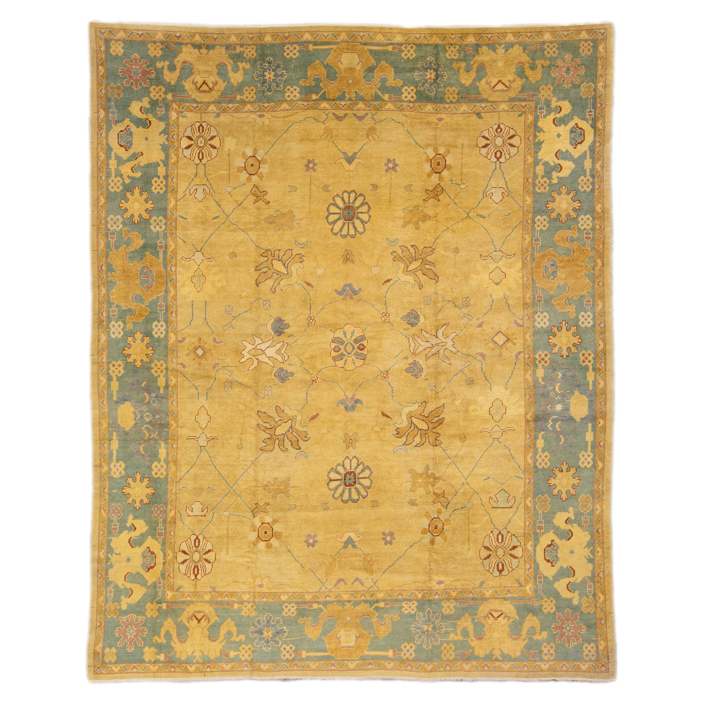 Tappeto di lana oversize Goldenrod Modern Turkish Oushak fatto a mano con motivi floreali