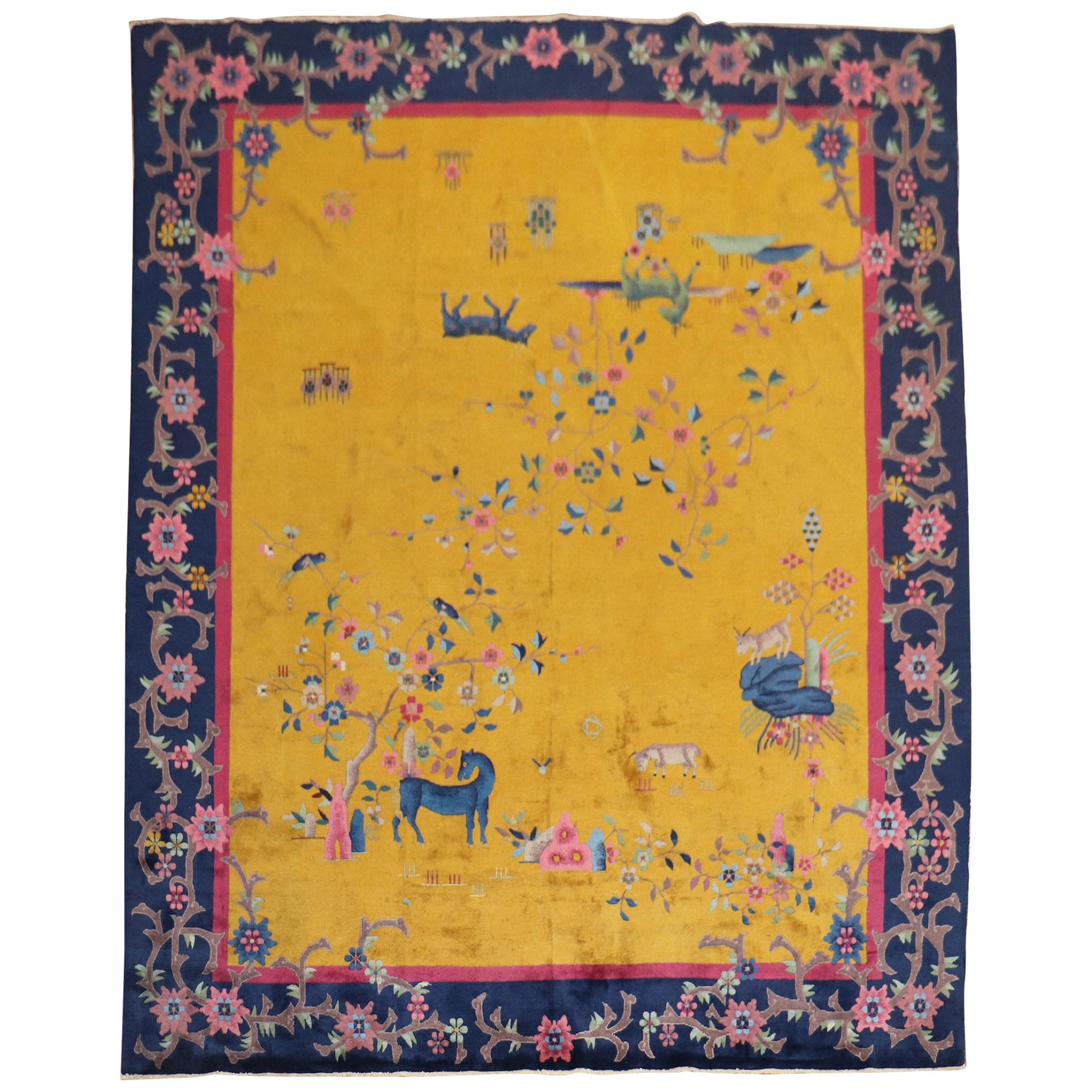 Golden Rod Pictorial Animal Chinese Art Deco Rug