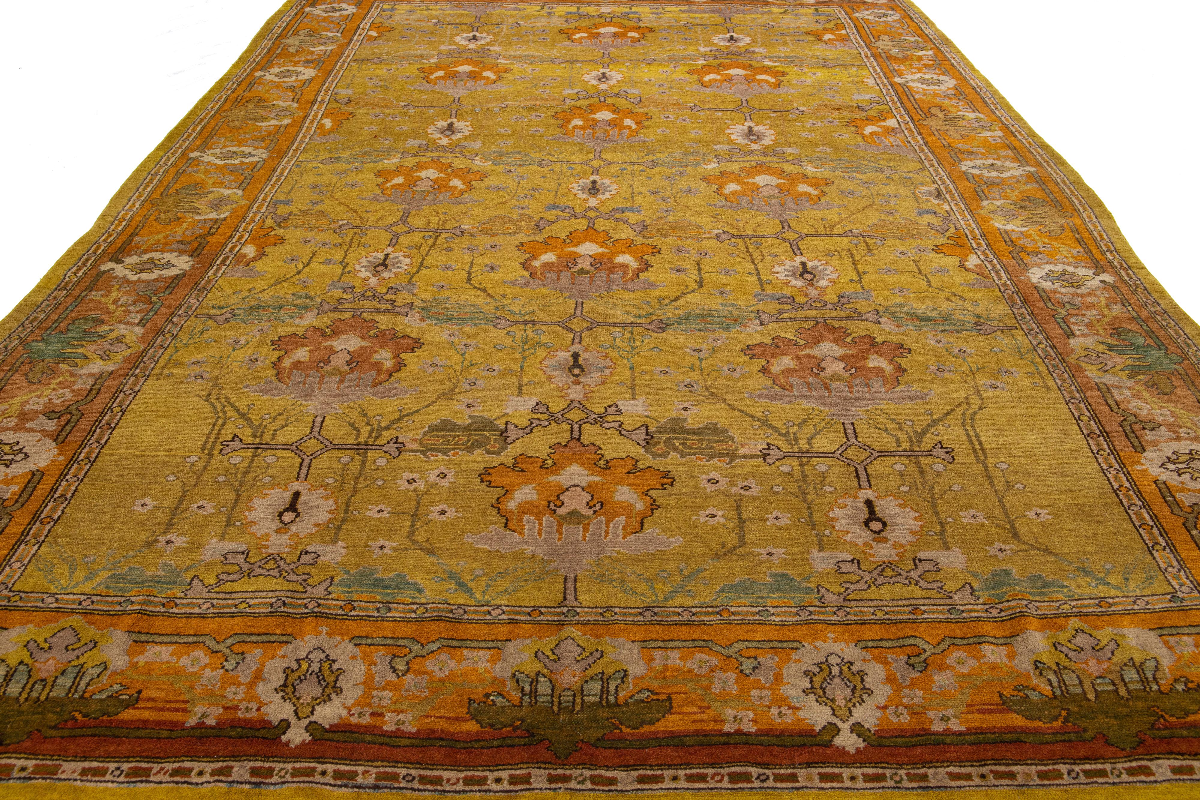 Arts and Crafts Goldenrod Vintage Donegal Arts & Crafts Style Handmade Wool Rug by Apadana For Sale