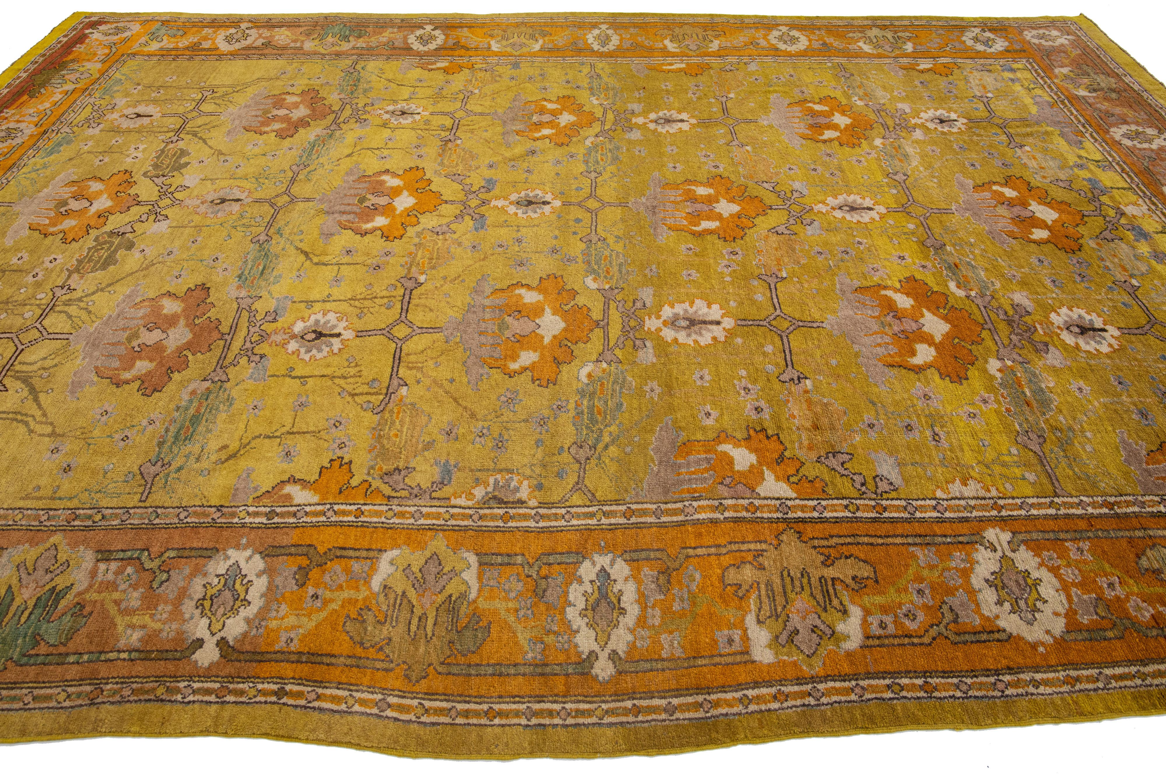 Hand-Knotted Goldenrod Vintage Donegal Arts & Crafts Style Handmade Wool Rug by Apadana For Sale