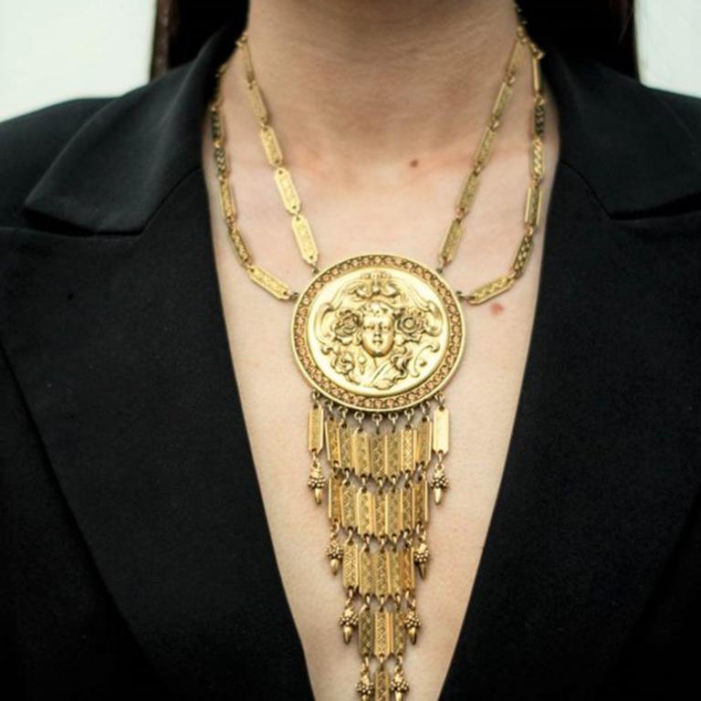 Straight out of the 1960s is this captivating gold plated and crystal necklace by Goldette. Stunning art noveau styling and design and attention to detail is a hallmark of Goldette jewellery pieces and this Goldette medallion necklace is undoubtedly