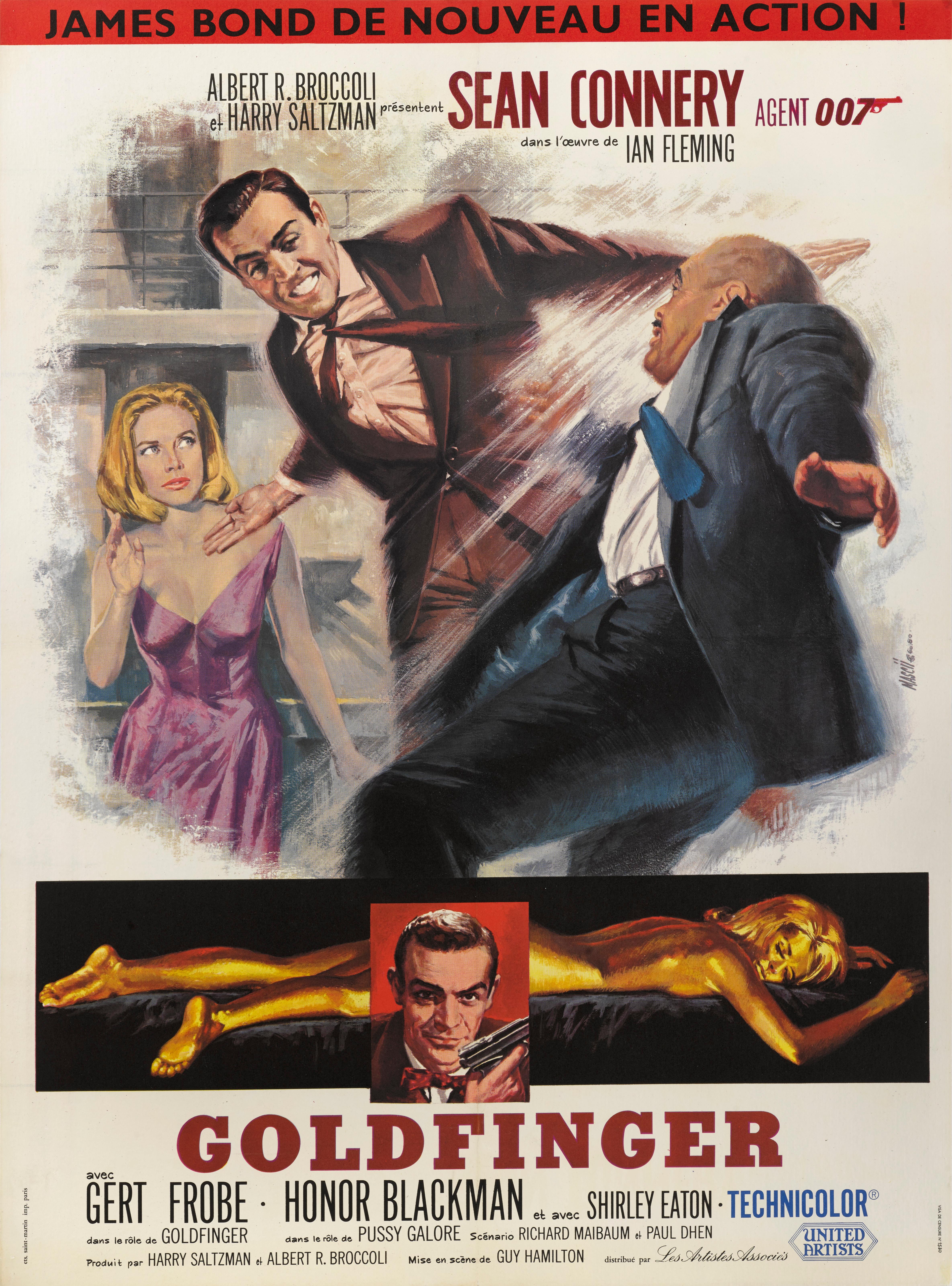 Original French film poster
This poster would have been used outside the cinema at the films original release.
Goldfinger was the third James Bond film and the third to star Sean Connery as the fictional MI6 agent James Bond. The artwork on this