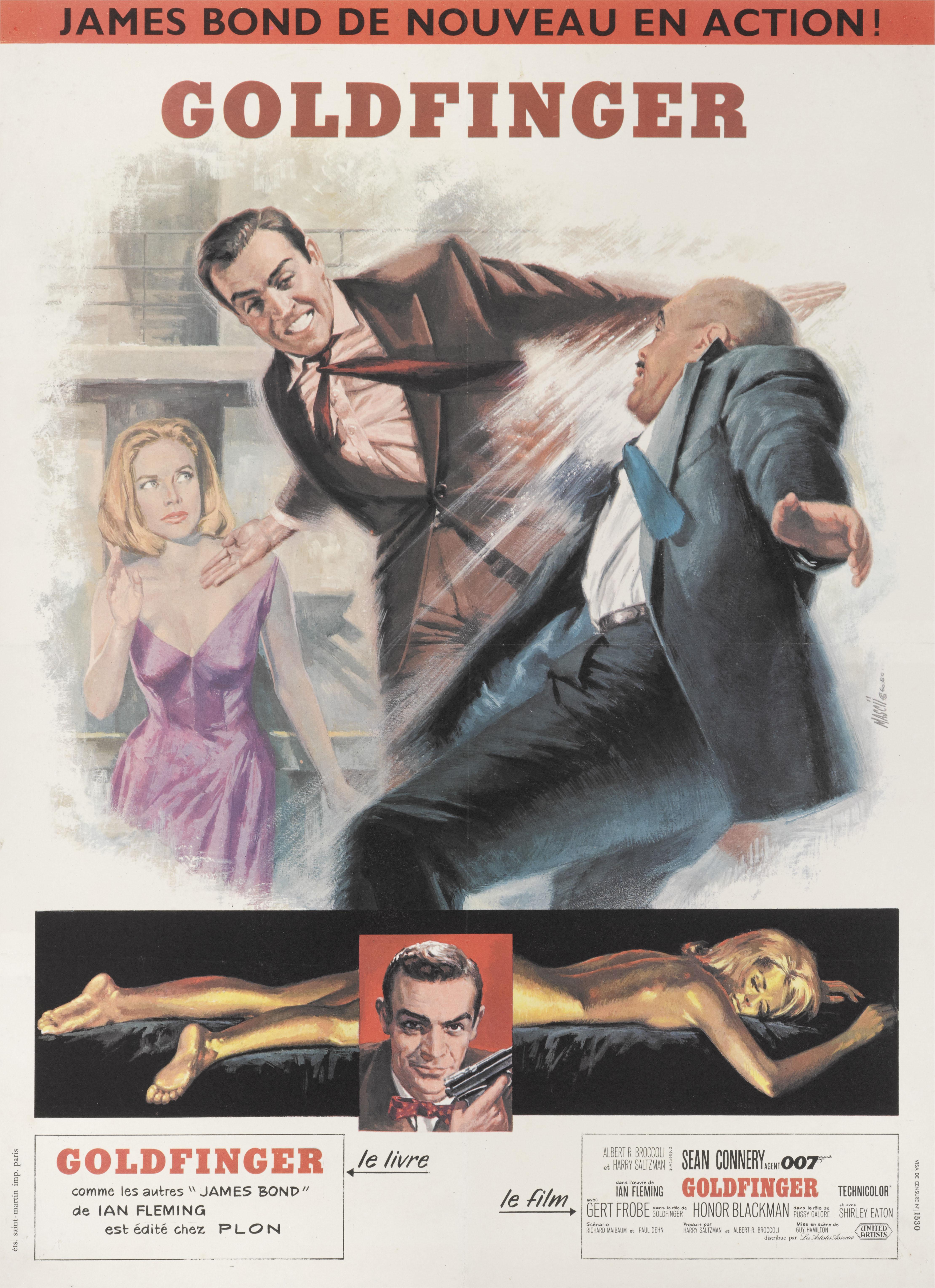 Cartel original francés
Este cartel se habría utilizado fuera del cine en el estreno original de la película.
Goldfinger fue la tercera película de James Bond y la tercera protagonizada por Sean Connery como el agente ficticio del MI6 James Bond.