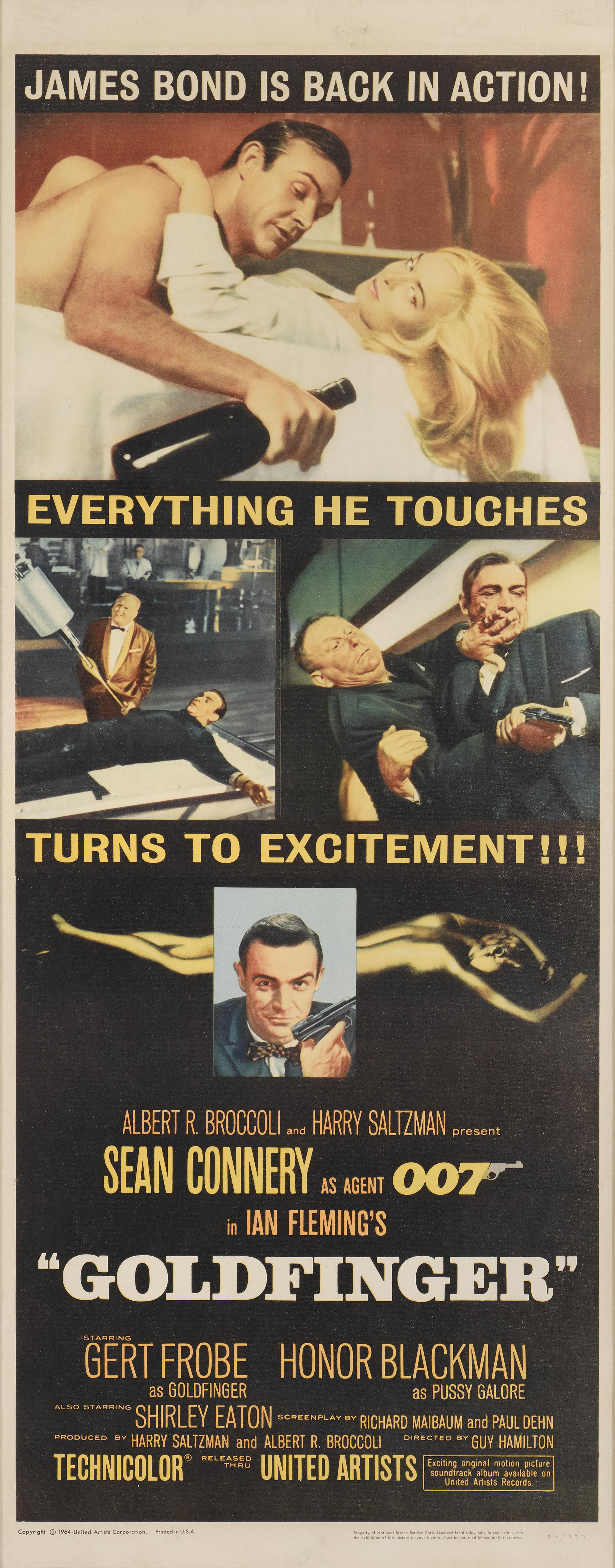 Original US-Filmplakat Goldfinger 1964. Dies war der dritte James-Bond-Film und der dritte mit Sean Connery in der Rolle des fiktiven MI6-Agenten James Bond. Das Plakat wurde von David Chasman (Datum unbekannt) und Robert Brownjohn (1925-1970)