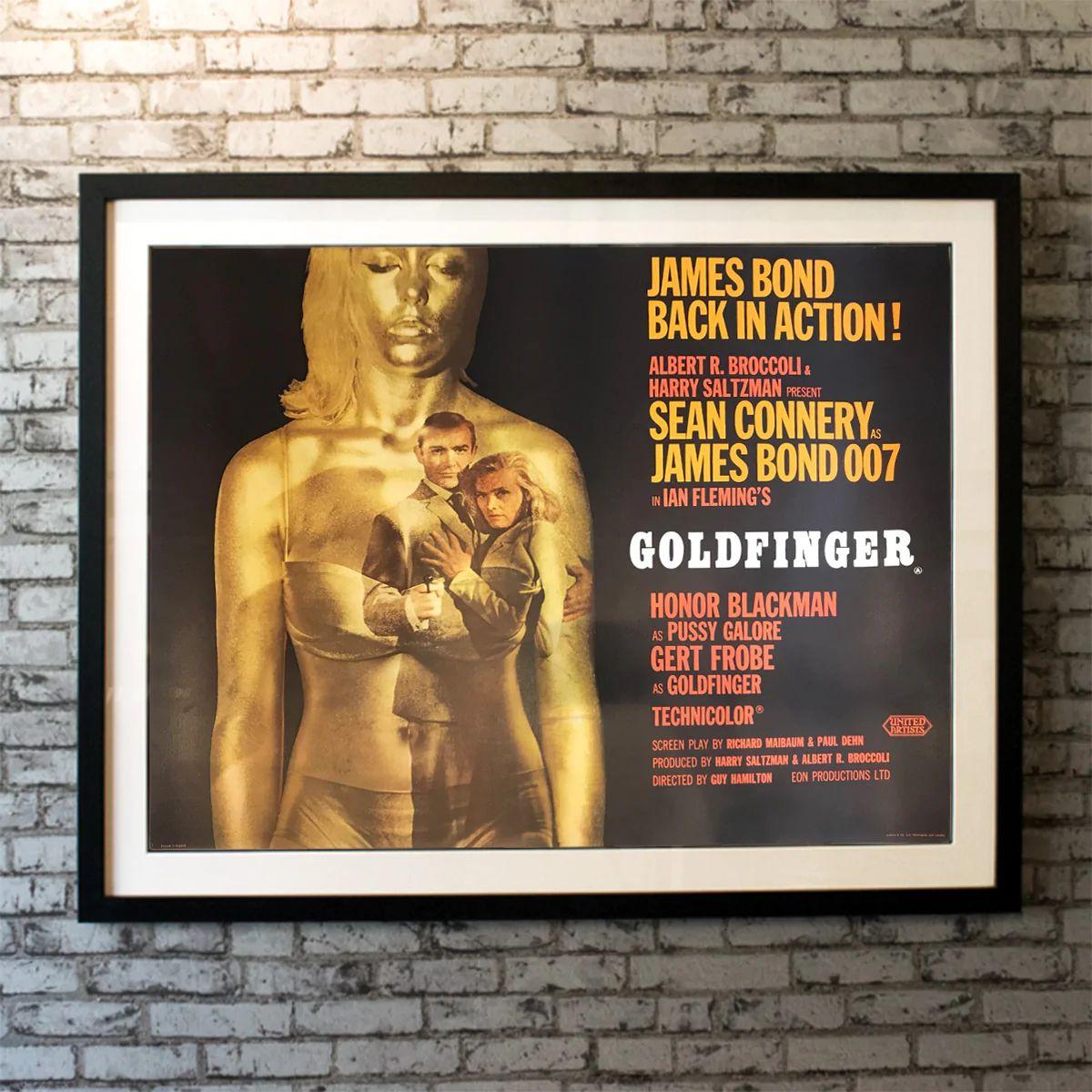 Goldfinger, Unframed Poster, 1964

Original British Quad (30 X 40 Inches). This iconic poster by designer Robert Brownjohn - with the image of Shirley Eaton covered in gold paint, together with Sean Connery and Honor Blackman in the foreground -