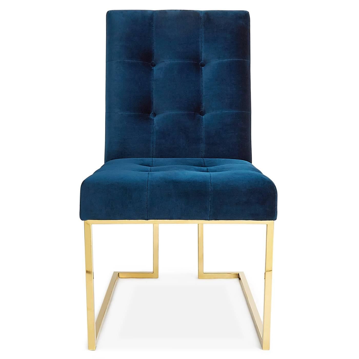 Minimalist comfort. Pared down geometry in polished brass meets Rialto navy velvet in our Goldfinger collection. A little bit, 1970s, a lot today. Goldfinger is the winning ticket that adds modernist rigor to your Park Ave pad or swanks up your