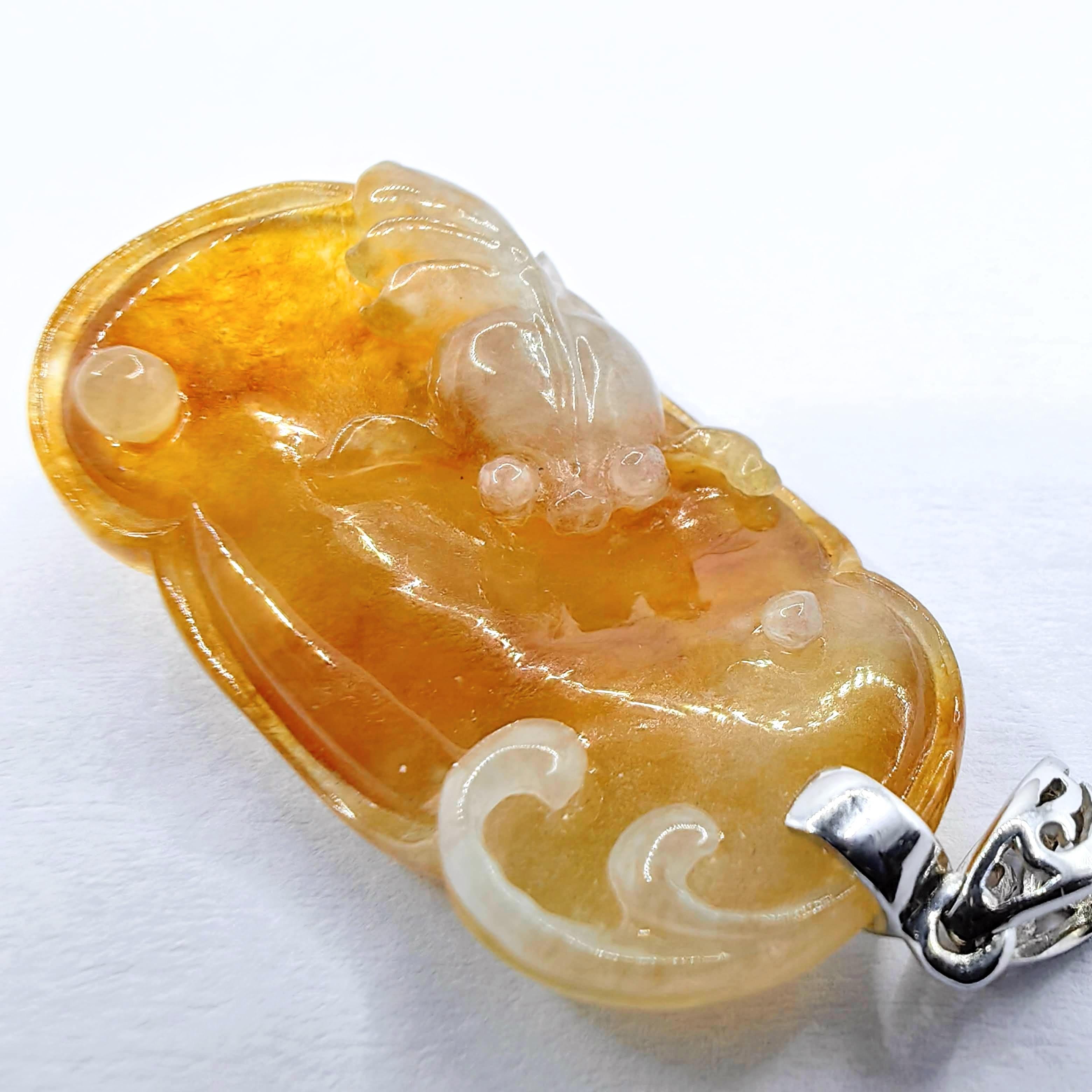Goldfish in Pond Honey Amber Certified Jadeite Jade Pendant in 18K White Gold For Sale 8