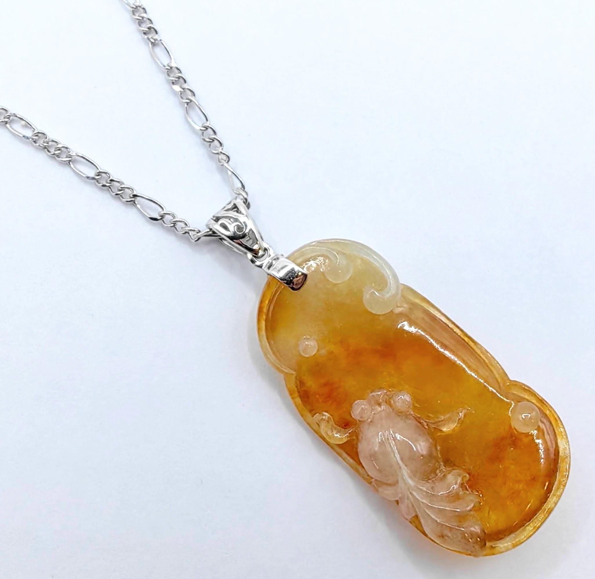 Contemporary Goldfish in Pond Honey Amber Certified Jadeite Jade Pendant in 18K White Gold For Sale