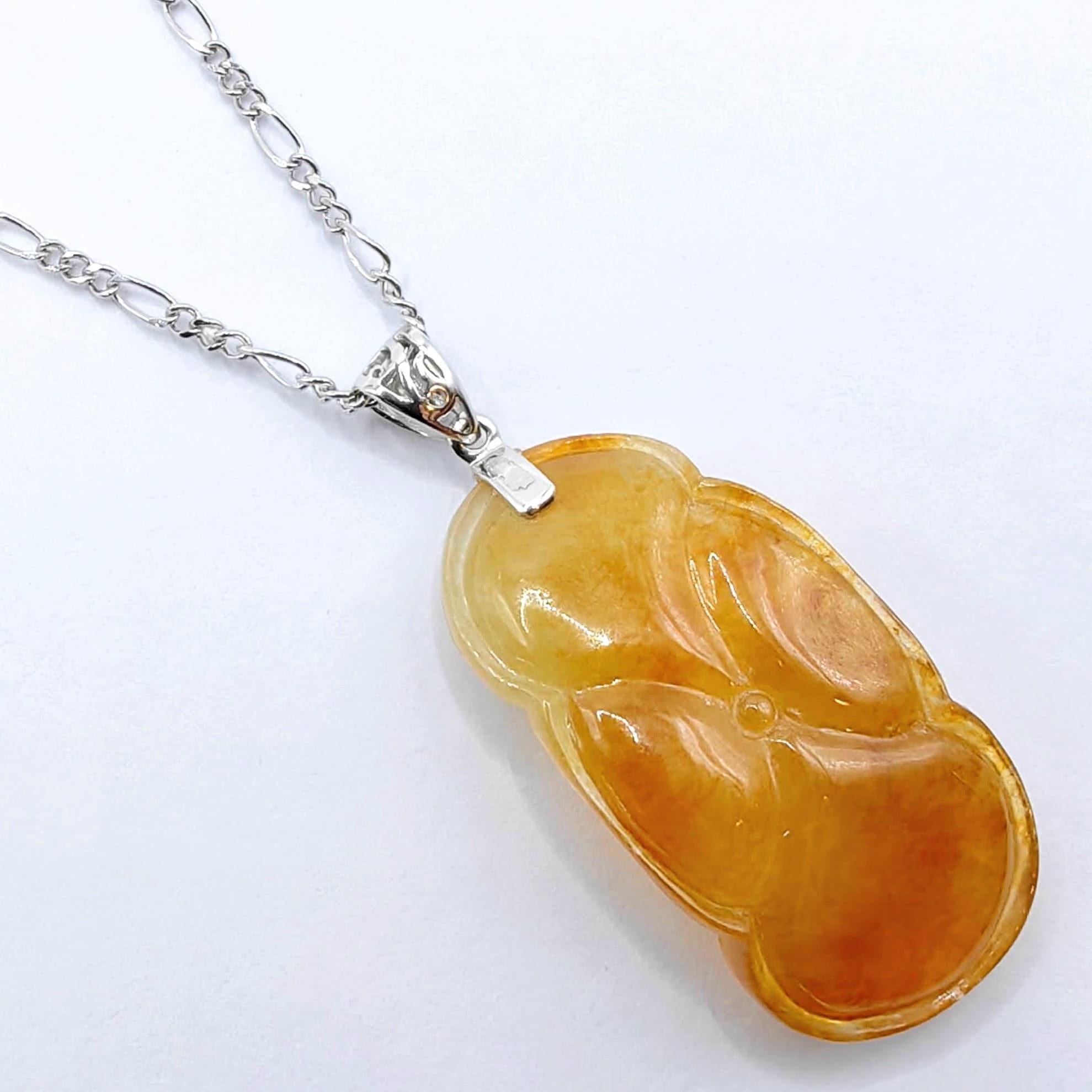 Mixed Cut Goldfish in Pond Honey Amber Certified Jadeite Jade Pendant in 18K White Gold For Sale
