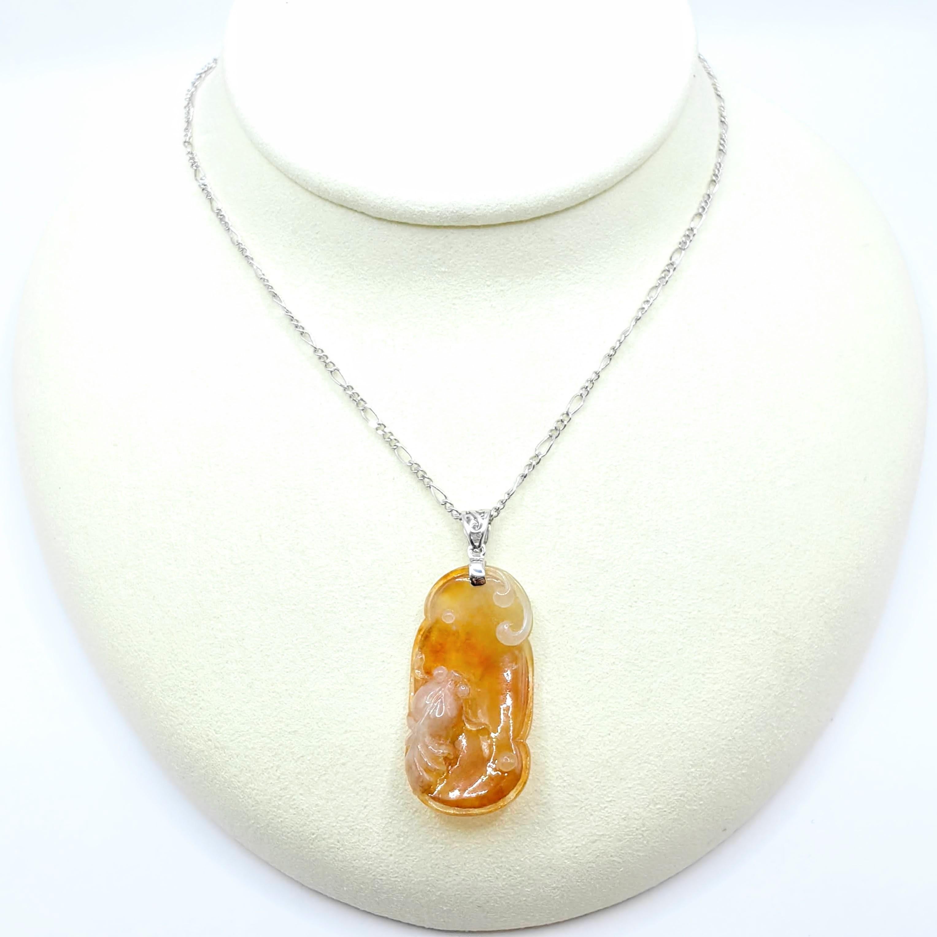 Women's or Men's Goldfish in Pond Honey Amber Certified Jadeite Jade Pendant in 18K White Gold For Sale