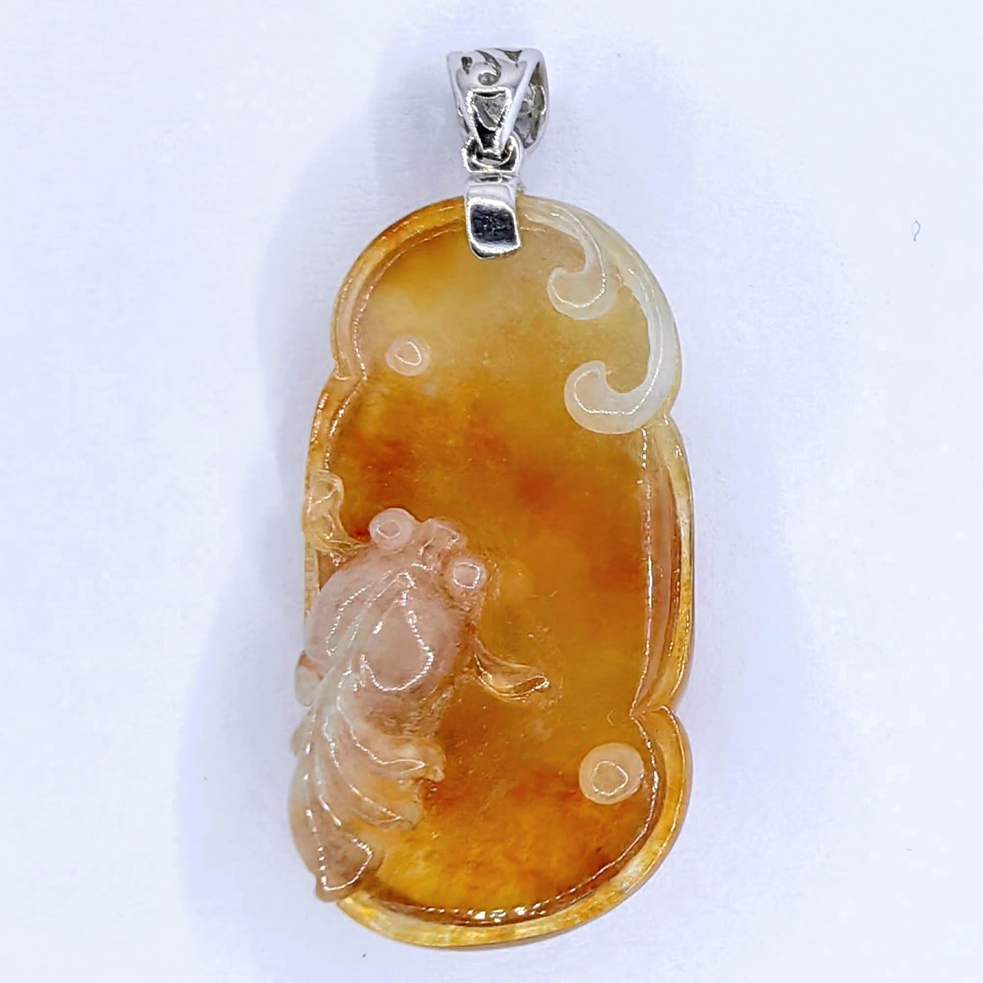 Goldfish in Pond Honey Amber Certified Jadeite Jade Pendant in 18K White Gold For Sale 1