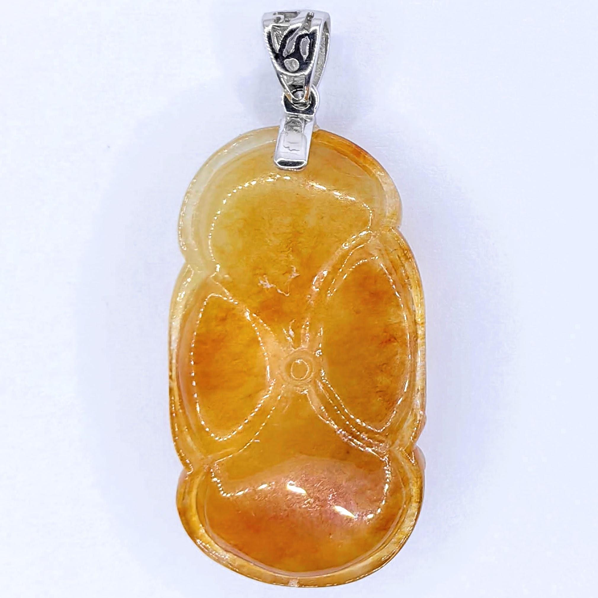 Goldfish in Pond Honey Amber Certified Jadeite Jade Pendant in 18K White Gold For Sale 2