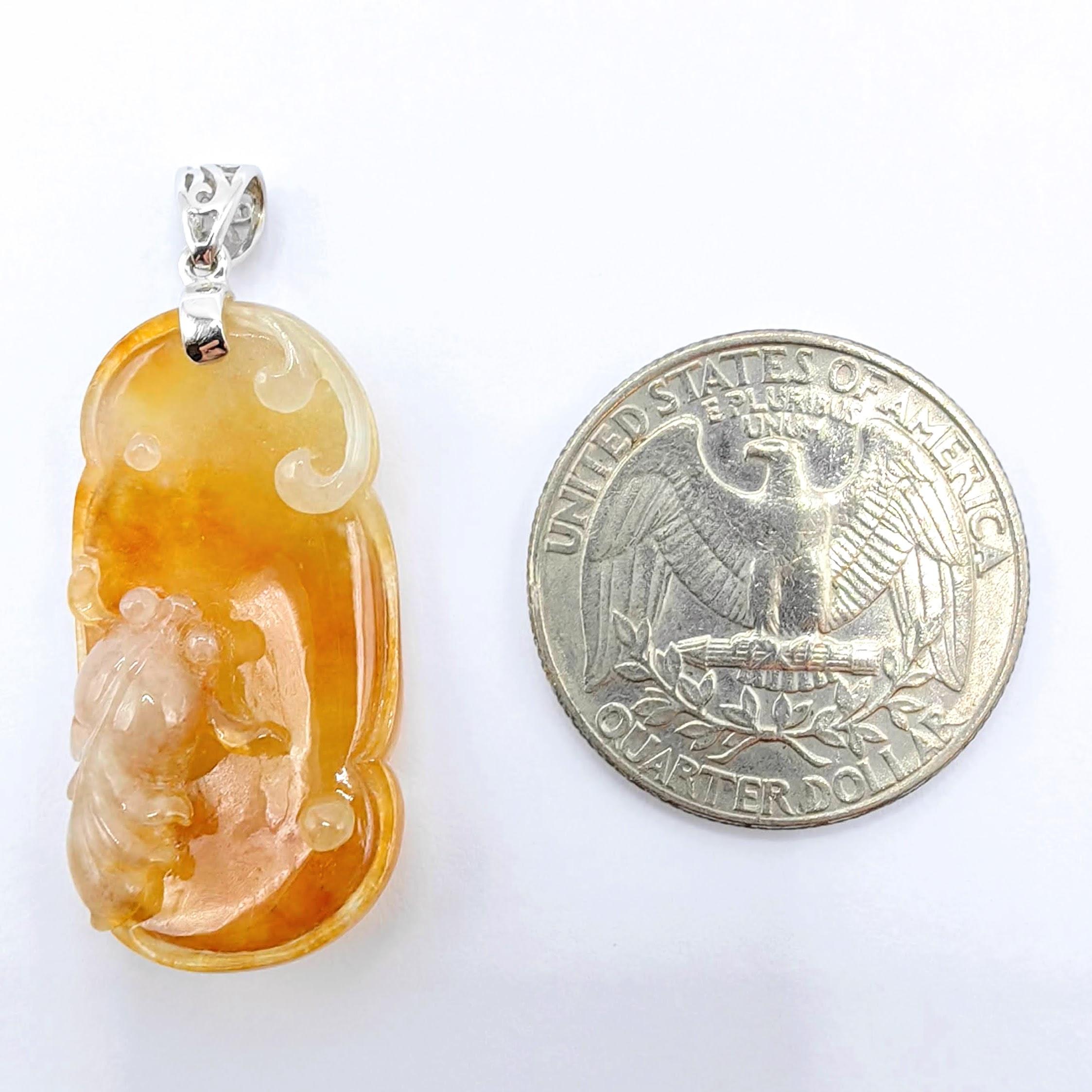 Goldfish in Pond Honey Amber Certified Jadeite Jade Pendant in 18K White Gold For Sale 3