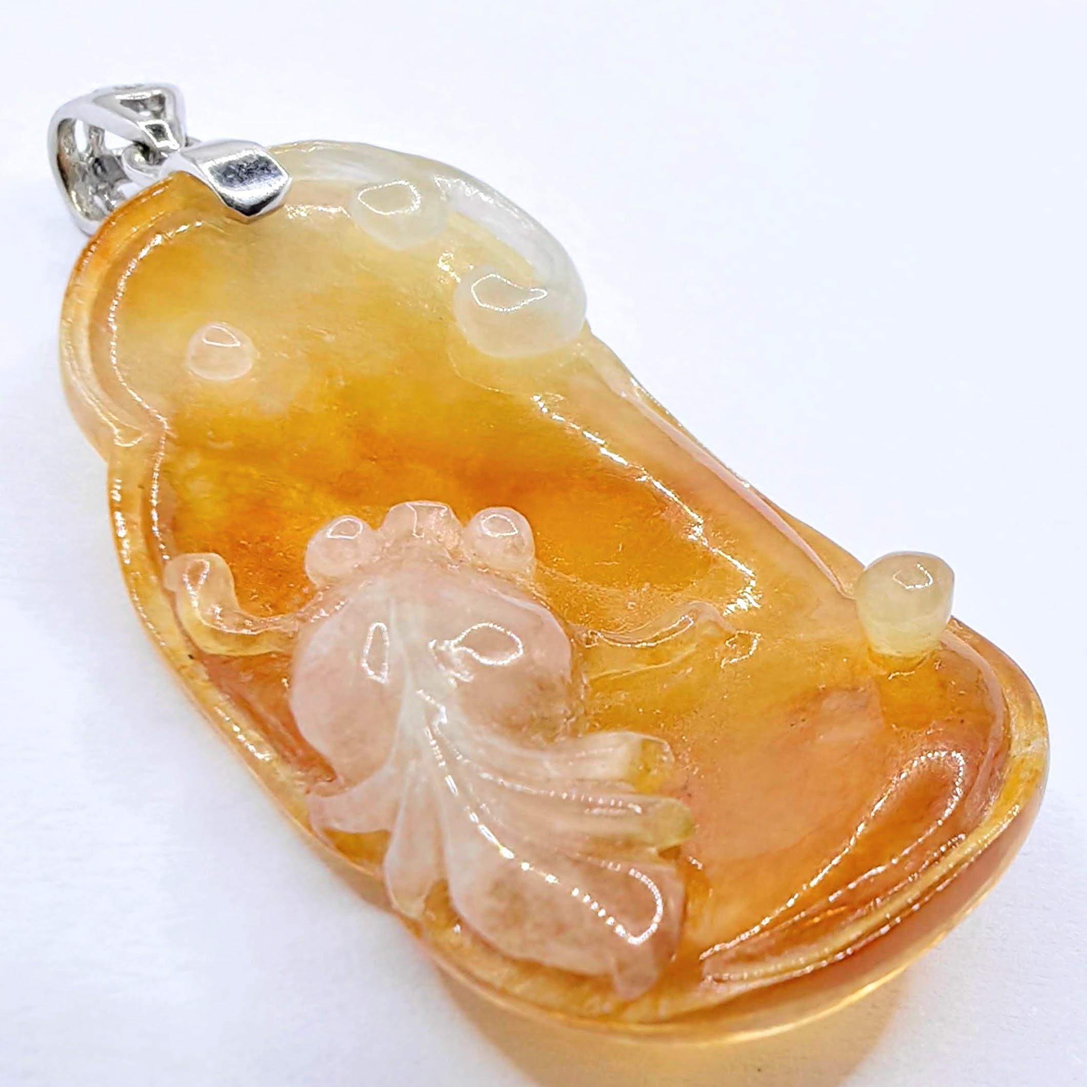 Goldfish in Pond Honey Amber Certified Jadeite Jade Pendant in 18K White Gold For Sale 4