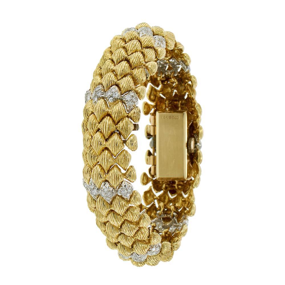 Goldie 18KT Yellow Gold and Diamond Vintage Lady’s Bombe Wristwatch In Good Condition For Sale In New York, NY