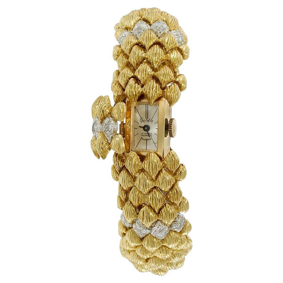 Goldie 18KT Yellow Gold and Diamond Vintage Lady’s Bombe Wristwatch For Sale