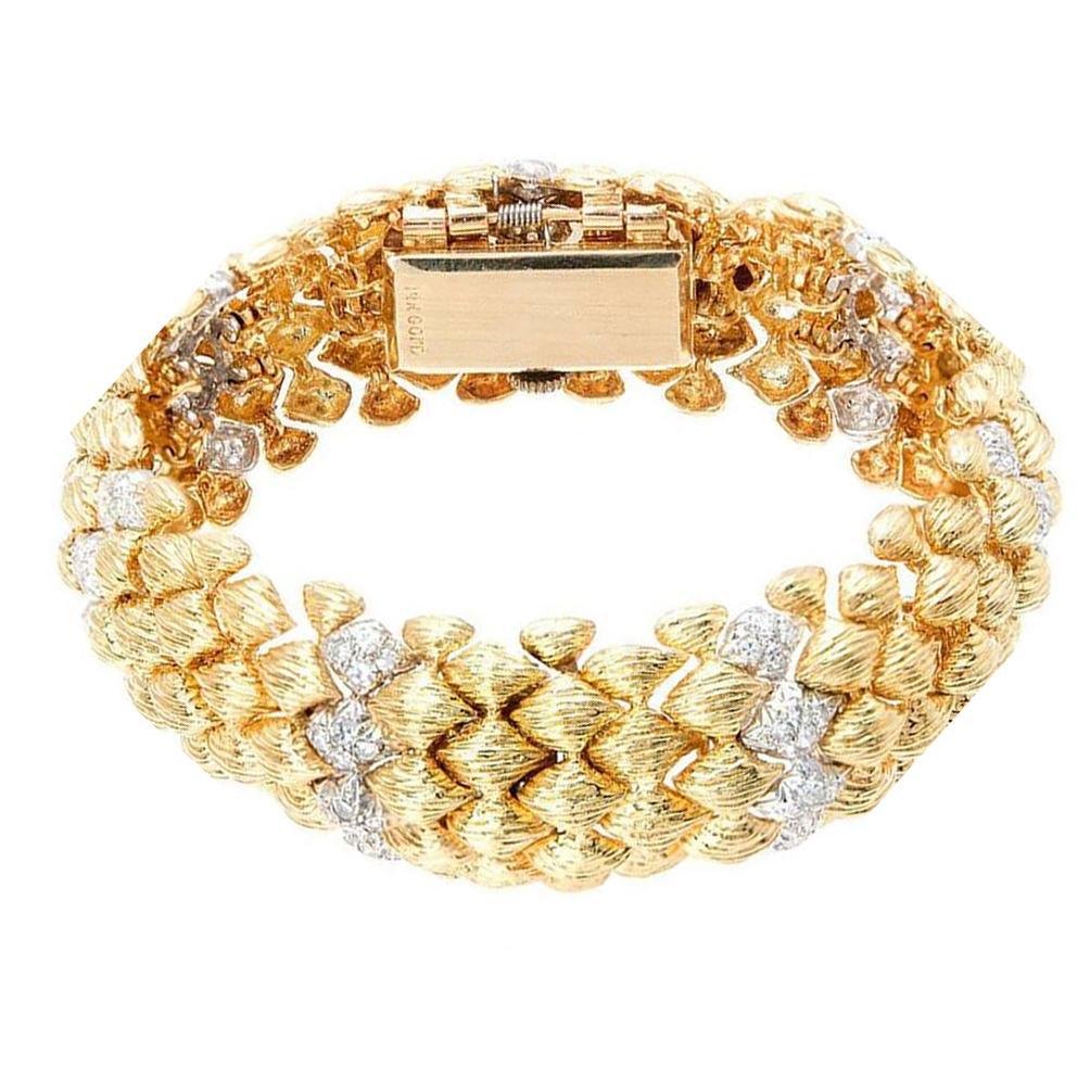 Women's Goldie Lady's Yellow Gold Bombe Diamond Bracelet Hinged Covered Wristwatch For Sale