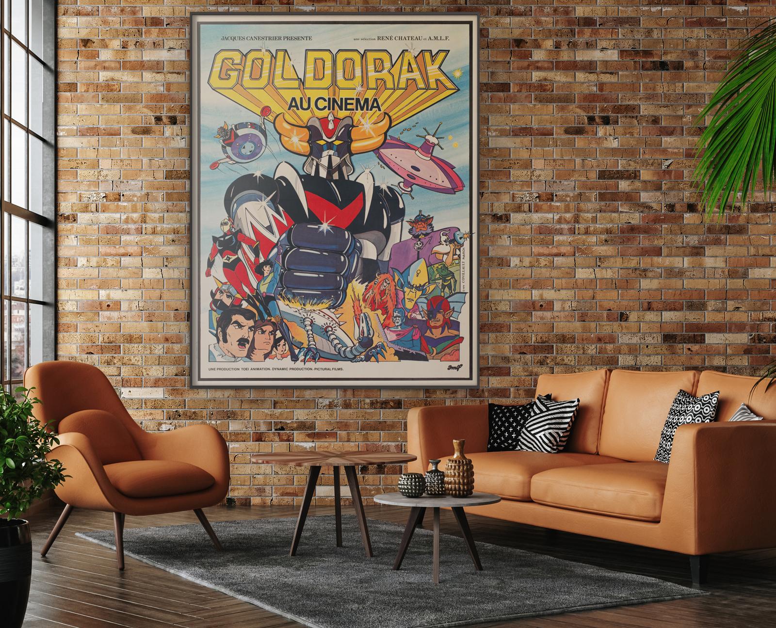 Superbe grande affiche française de la première année d'exploitation pour la sortie au cinéma en France du célèbre anime japonais Goldorak (UFO robo : Gurendaiza).

Nous adorons le design de Covillaut. Lumineux, coloré et très amusant.

Cette