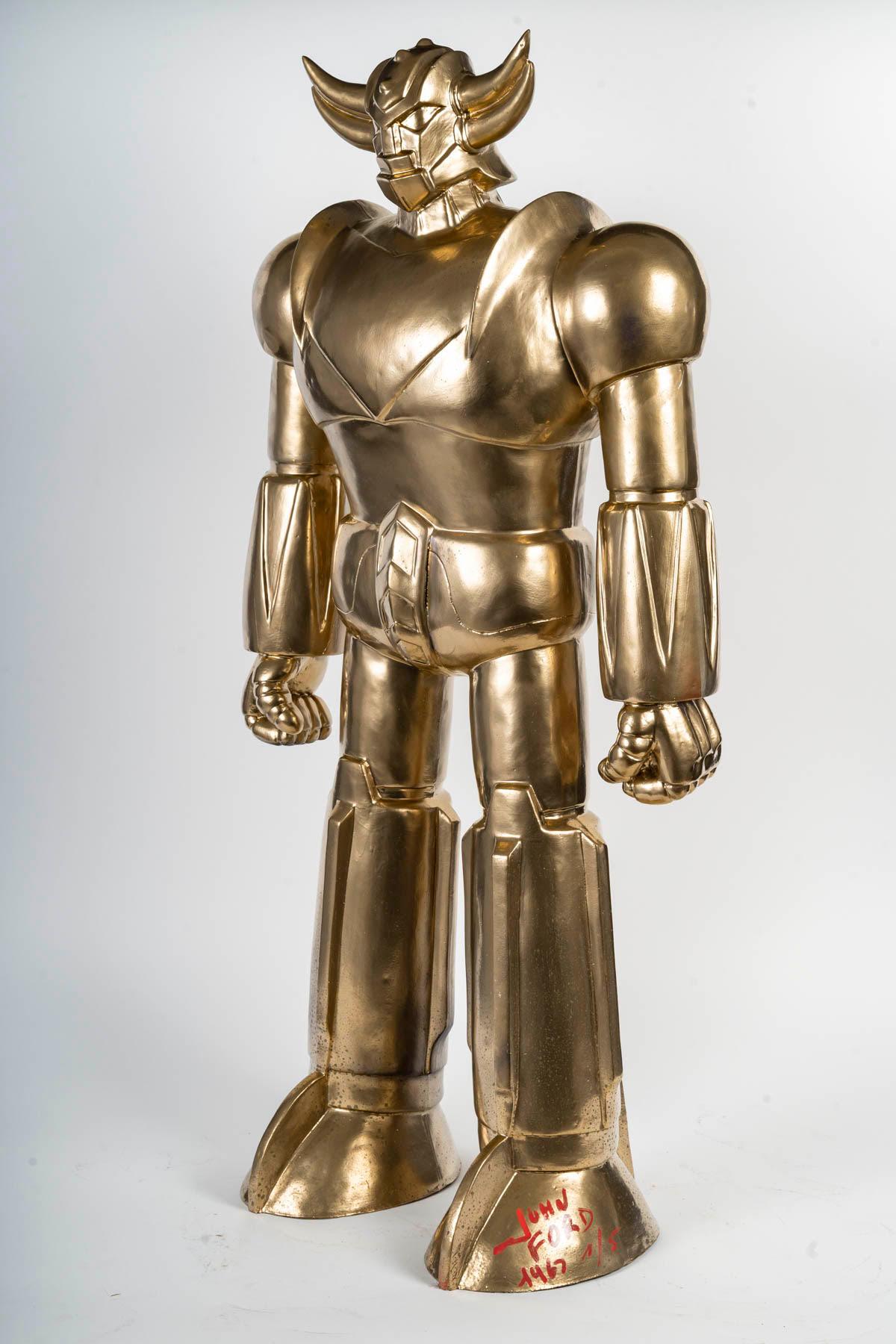 Goldorak Sculpture in Painted Resin, Gold Colour, 20th Century, Modern Art. 1