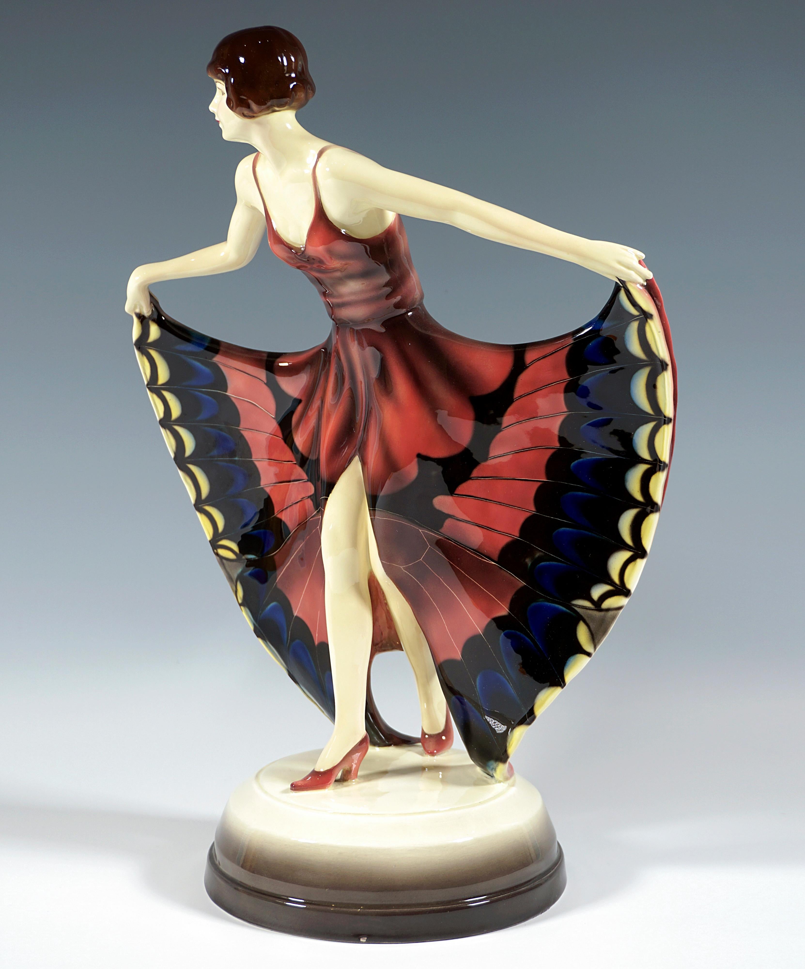 Hand-Crafted Goldscheider Art Déco Dancer In Butterfly Dress, by Josef Lorenzl, Around 1928