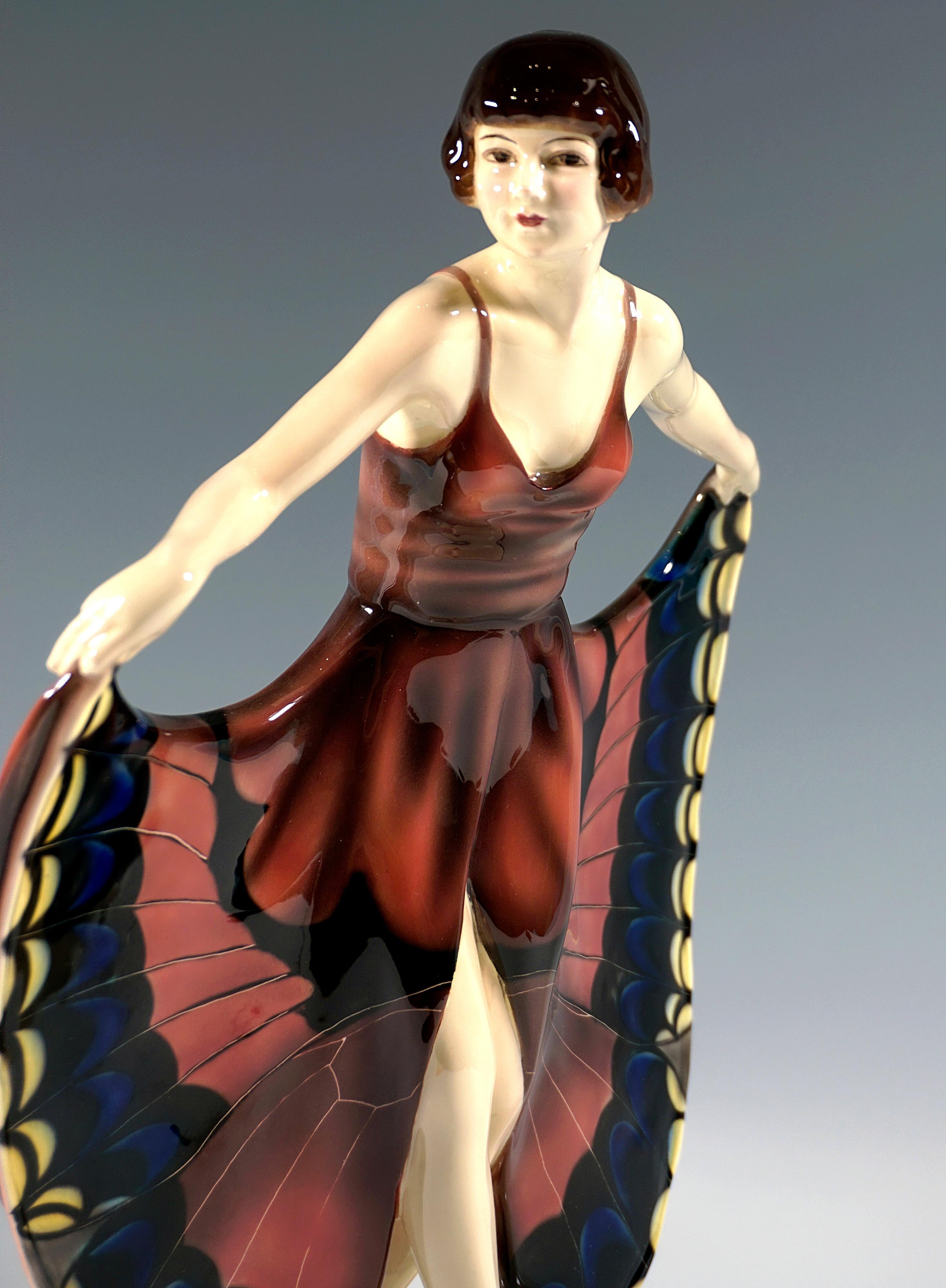 Early 20th Century Goldscheider Art Déco Dancer In Butterfly Dress, by Josef Lorenzl, Around 1928 For Sale