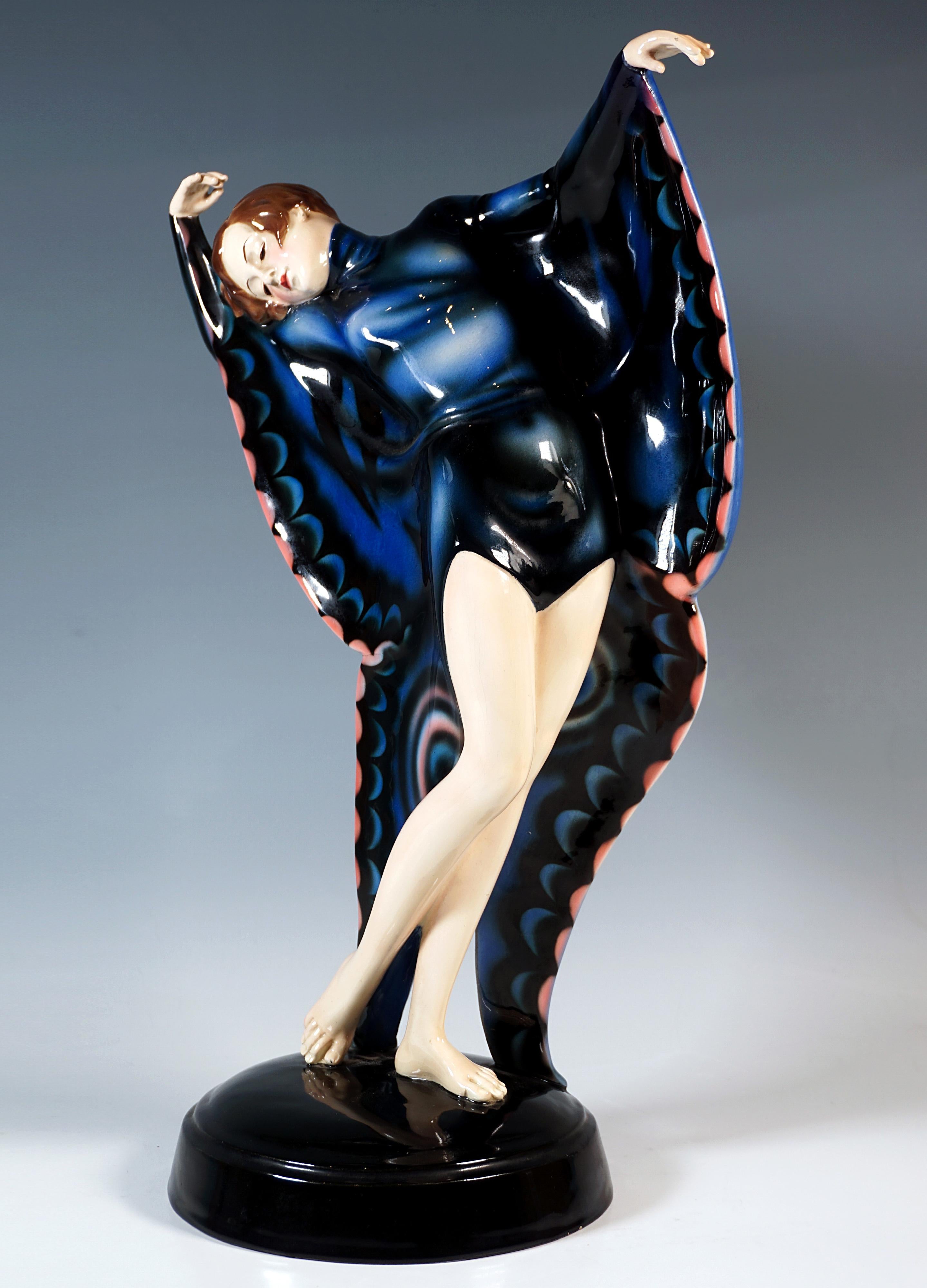 Austrian Goldscheider Art Déco Dancer in Butterfly Dress, by Josef Lorenzl, circa 1930 For Sale
