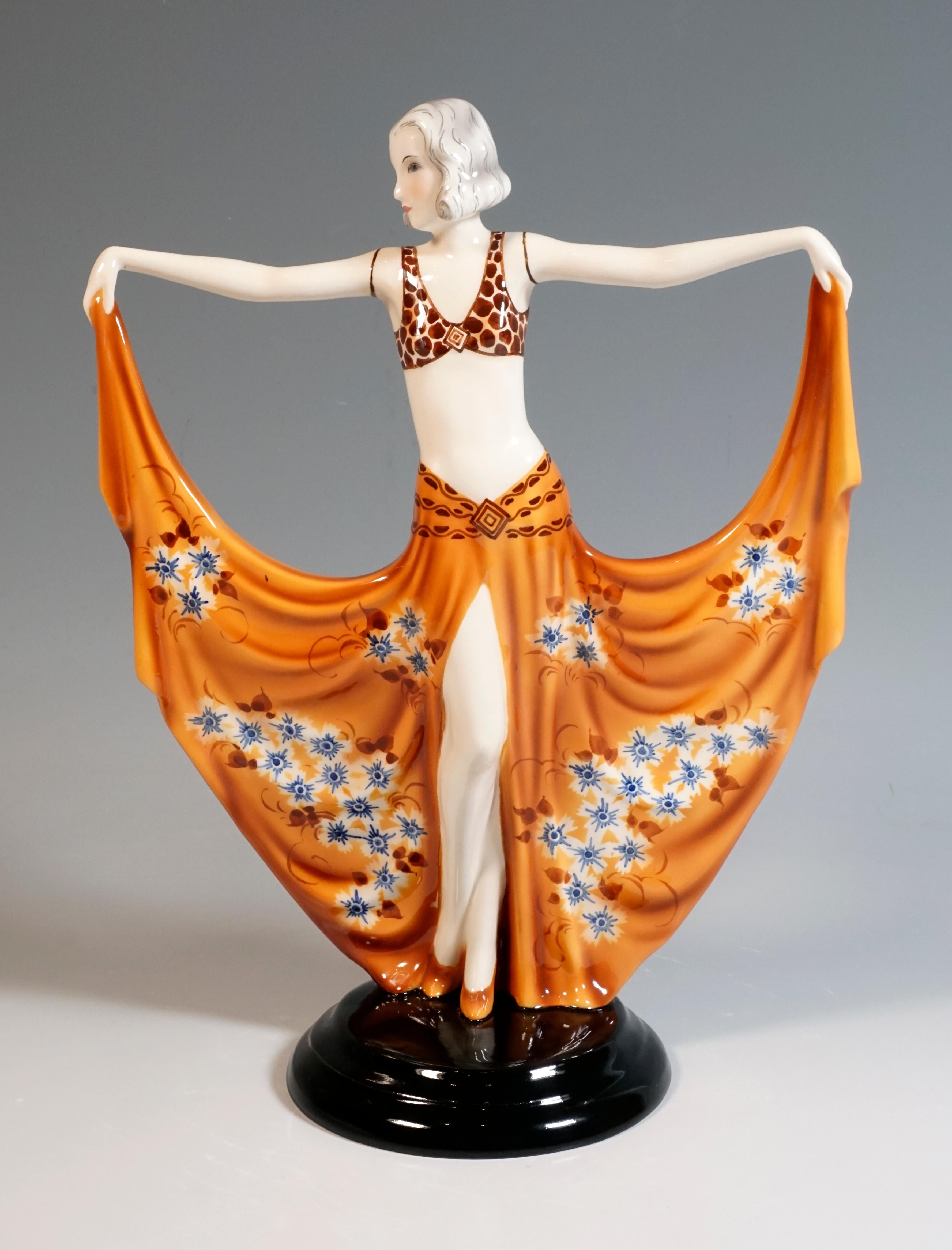 Goldscheider Art Deco Dancer in Orange Costume, Signed Dakon, ca 1930 In Good Condition In Vienna, AT