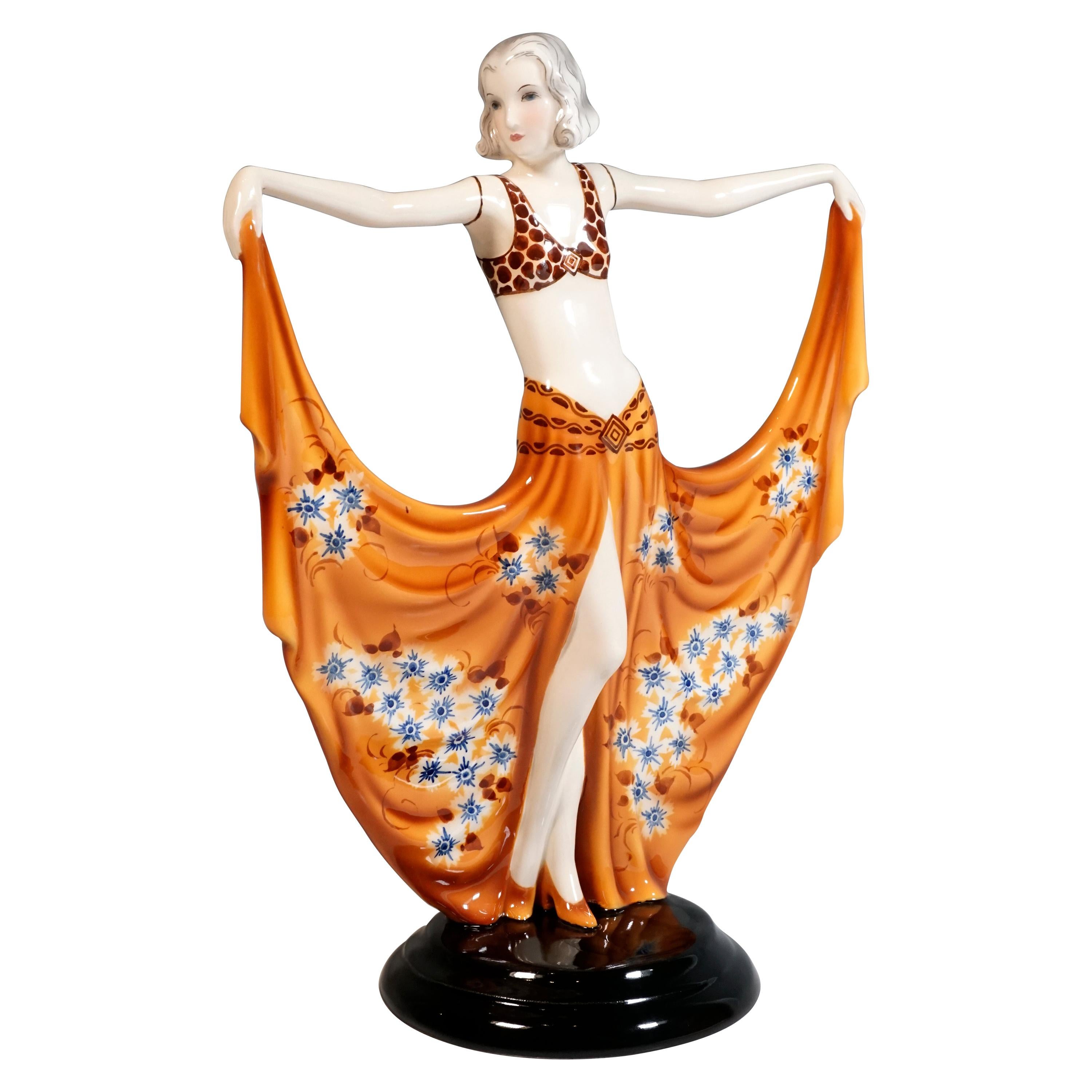 Goldscheider Art Deco Dancer in Orange Costume, Signed Dakon, ca 1930