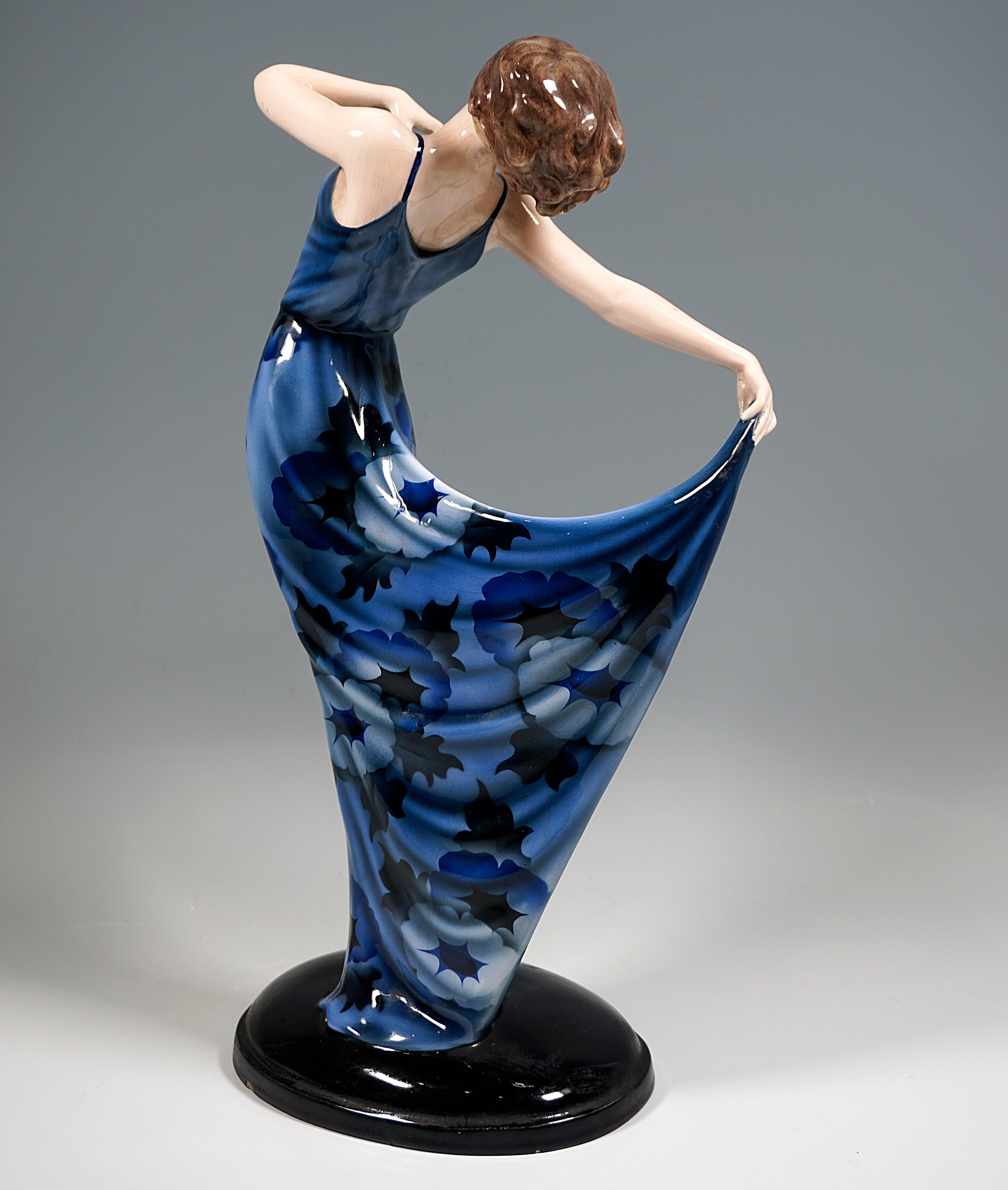 Art Deco Goldscheider Art Déco Dancer Posing in Blue Dress, by Josef Lorenzl, circa 1930