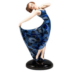 Goldscheider Art Déco Dancer Posing in Blue Dress, by Josef Lorenzl, circa 1930