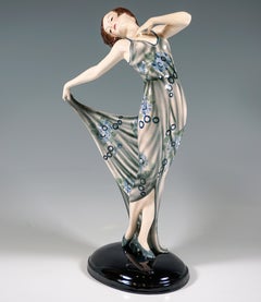Goldscheider Art Déco Dancer Posing In Gray-Blue Dress, by Josef Lorenzl, c 1932
