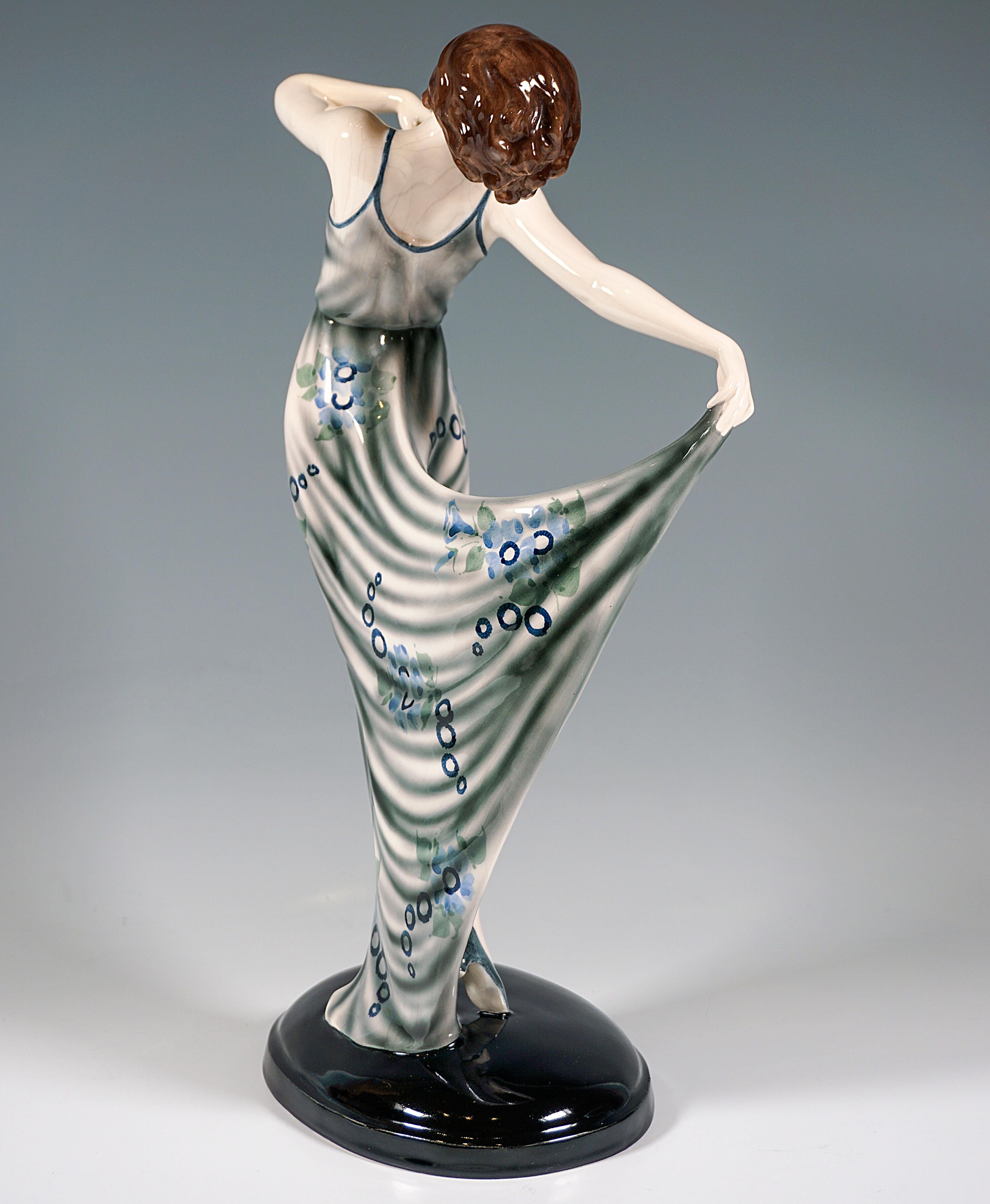 Austrian Goldscheider Art Déco Dancer Posing In Gray-Blue Dress, by Josef Lorenzl, c 1932 For Sale