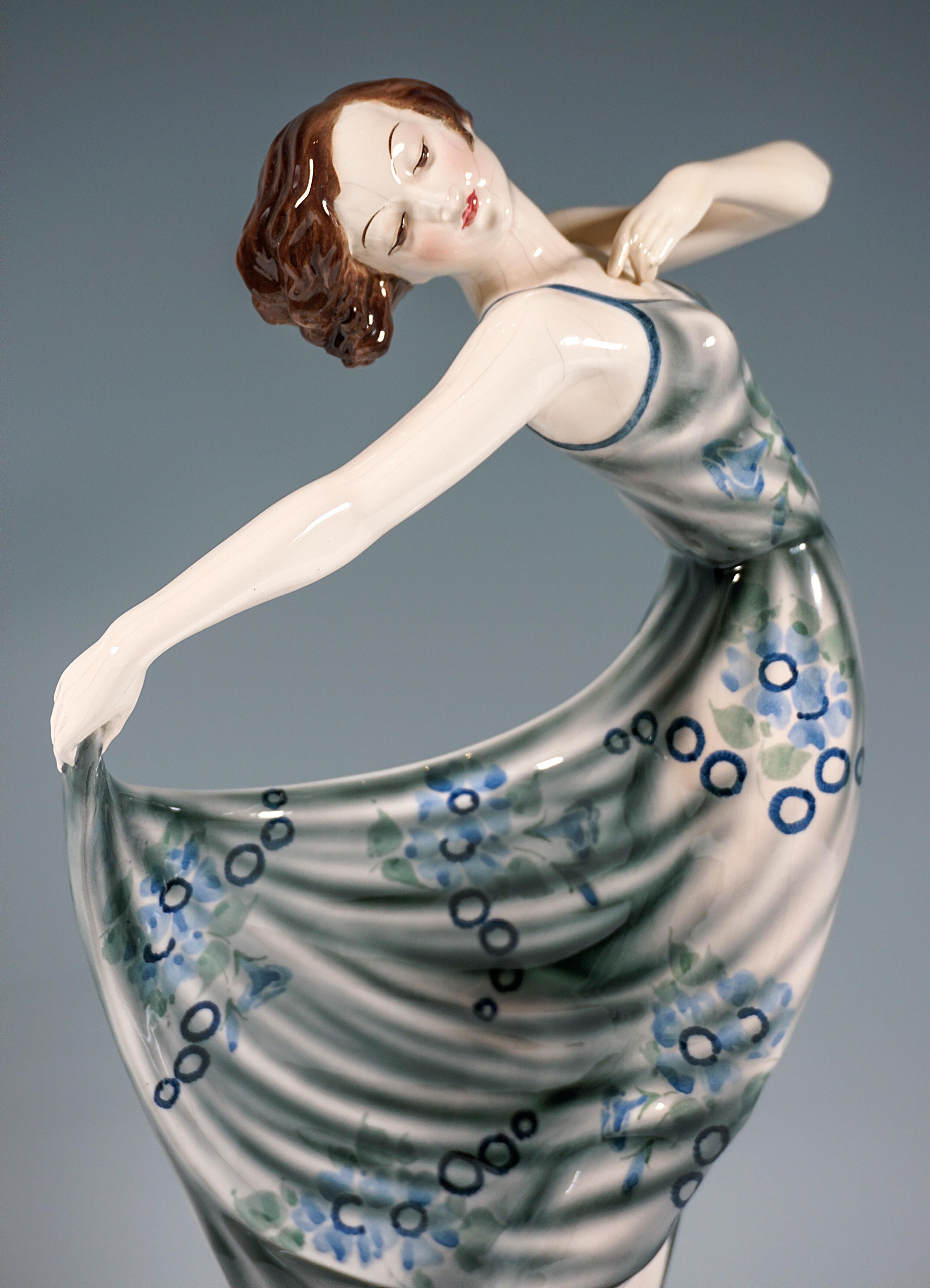 Hand-Crafted Goldscheider Art Déco Dancer Posing In Gray-Blue Dress, by Josef Lorenzl, c 1932 For Sale