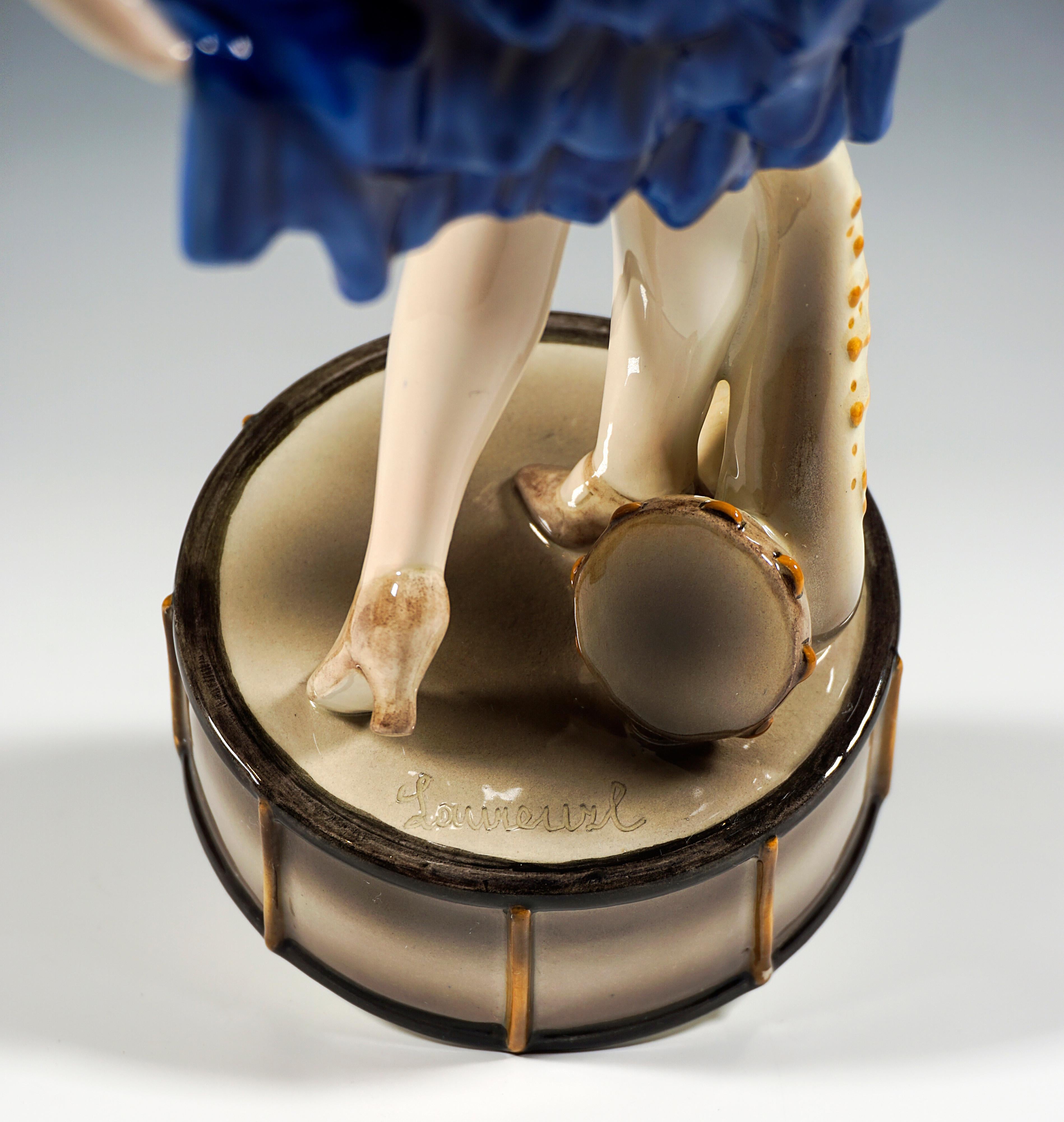 Hand-Crafted Goldscheider Art Déco Dancer Posing On Drum, by Josef Lorenzl, Around 1926 For Sale