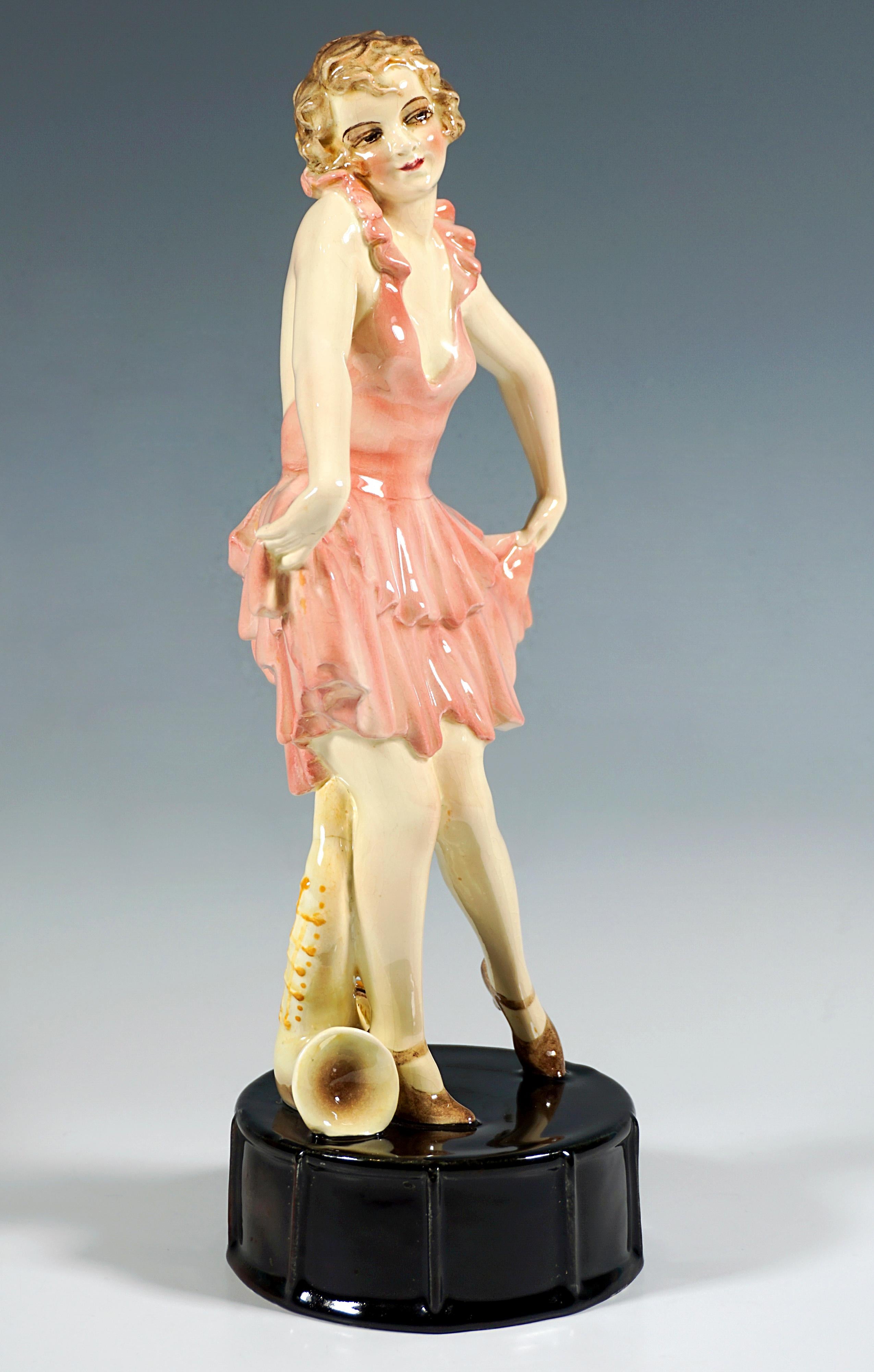 Hand-Crafted Goldscheider Art Déco Dancer Posing On Drum, by Josef Lorenzl, Around 1926 For Sale