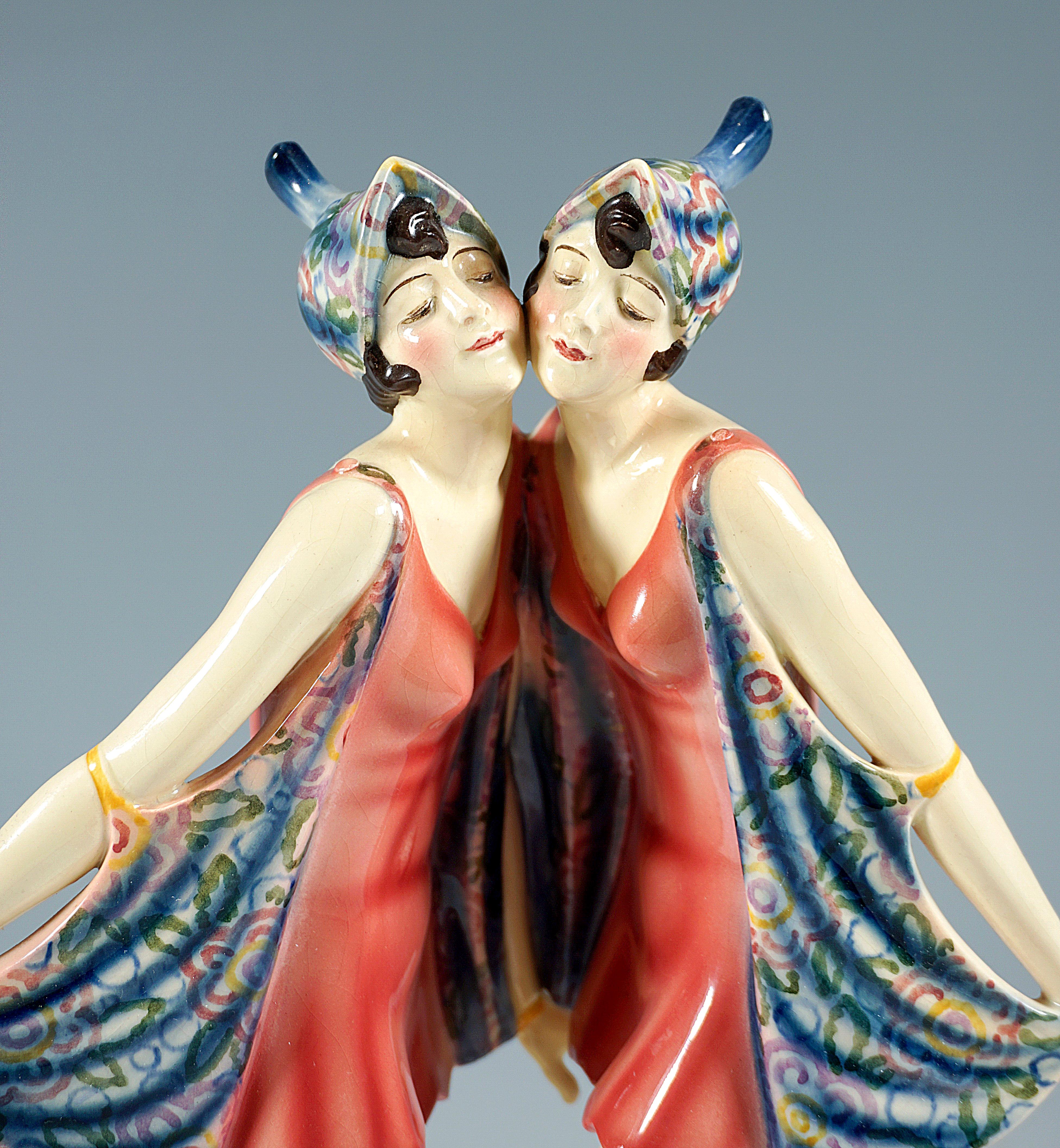 Hand-Crafted Goldscheider Art Déco Dancers, Dolly Sister as 'Turtle Doves', by Dakon, ca 1928