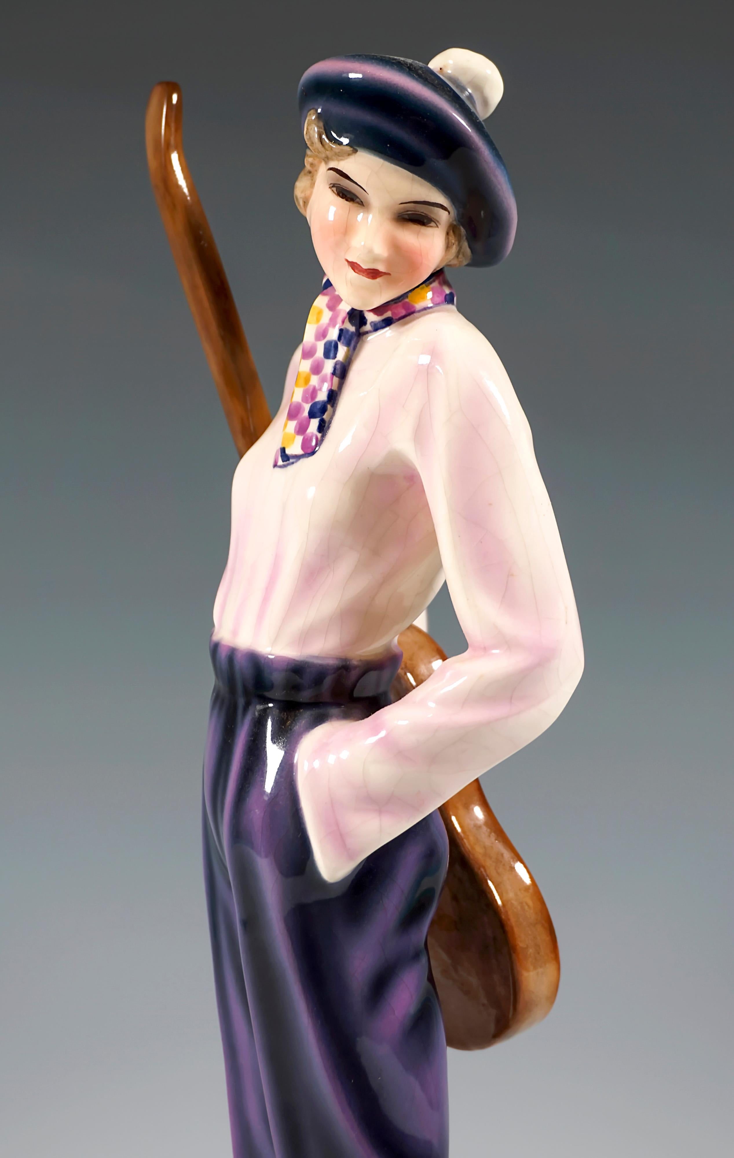 Mid-20th Century Goldscheider Art Déco Figure 'Daisy' Young Lady With Guitar, Stephan Dakon 1930 For Sale
