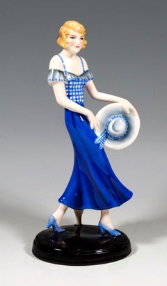 Goldscheider Art Deco Figure Girl with Hat in the Wind, by Stephan Dakon, 1935