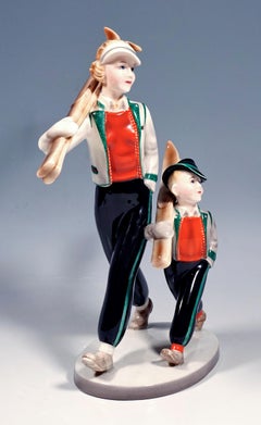 Goldscheider Art Déco Figure Group of Skiers 'TYROL' by Stephan Dakon circa 1938
