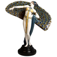 Antique Goldscheider Art Deco Figure 'Lady Dancer in Peacock Costume' by Paul Philippe