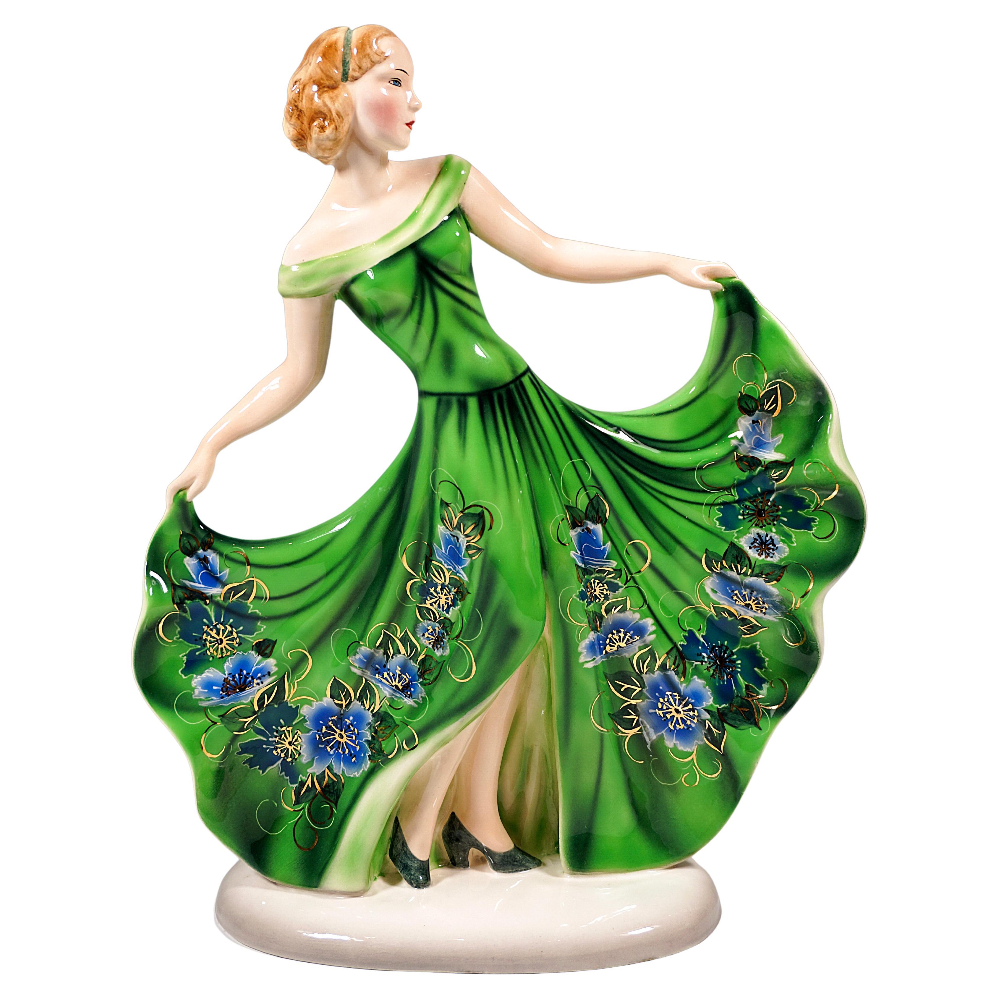 Goldscheider Art Déco Figure, 'Lydia' Dancer in Green Dress, Claire Weiss, c1937 For Sale