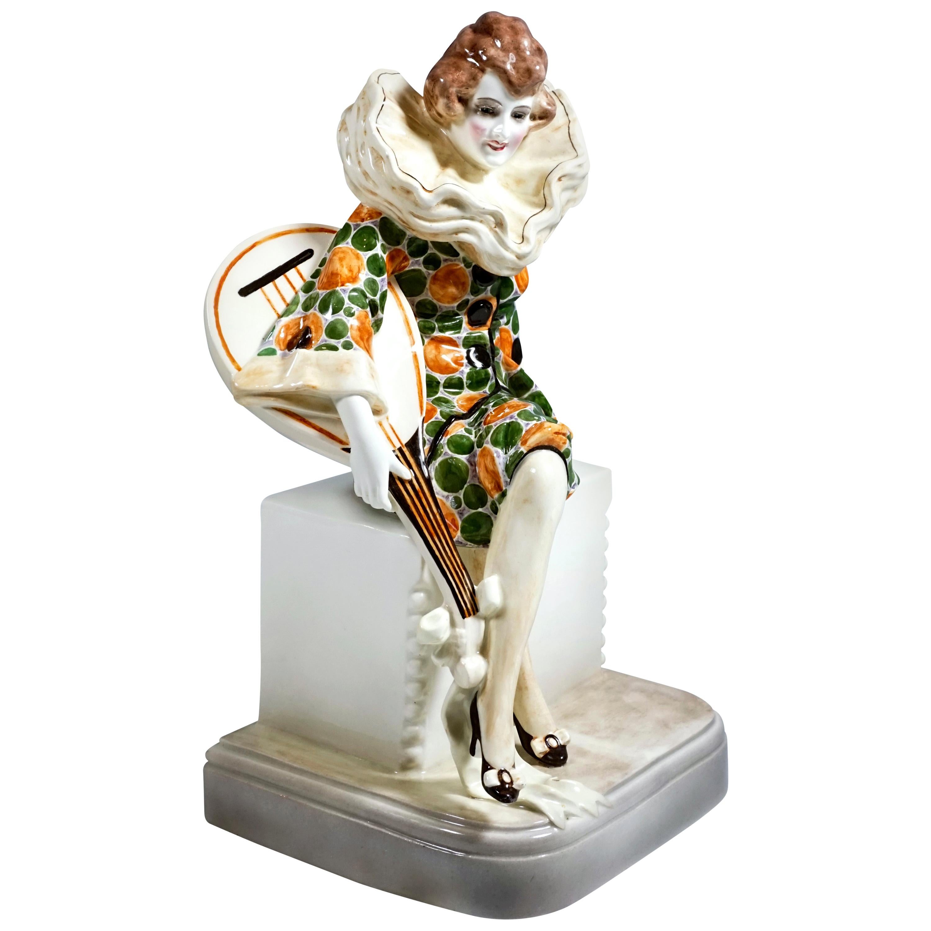 Goldscheider Art Deco Figure Seated Pierrette with Lute by W. Thomasch For Sale