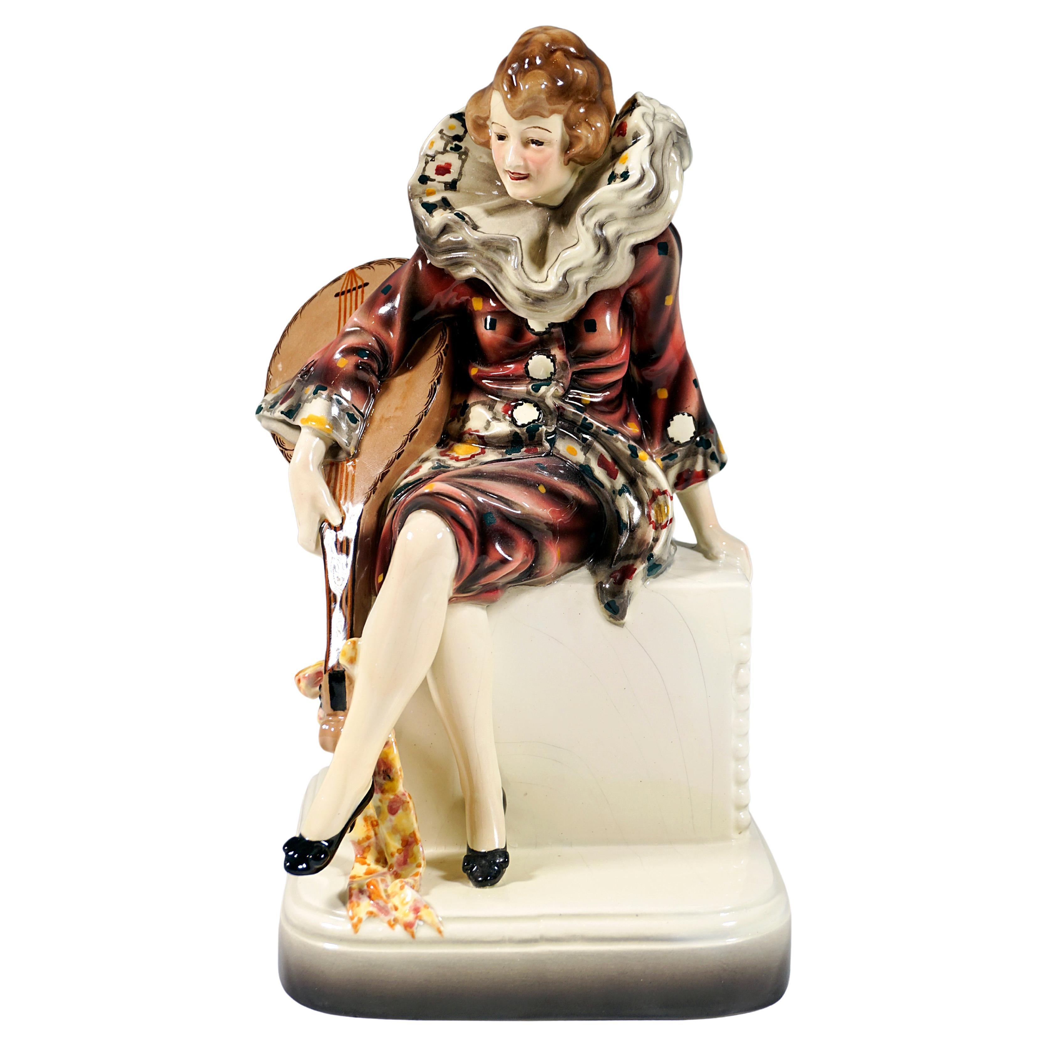 Goldscheider Art Déco Figure Seated Pierrette With Lute, Wilhelm Thomasch c 1922 For Sale