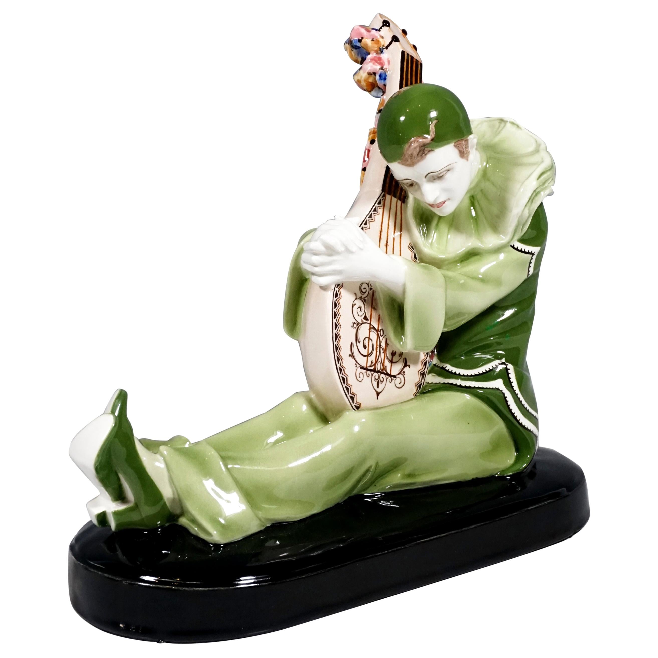 Goldscheider Art Deco Figure Seated Pierrot with Lute by Wilhelm Thomasch