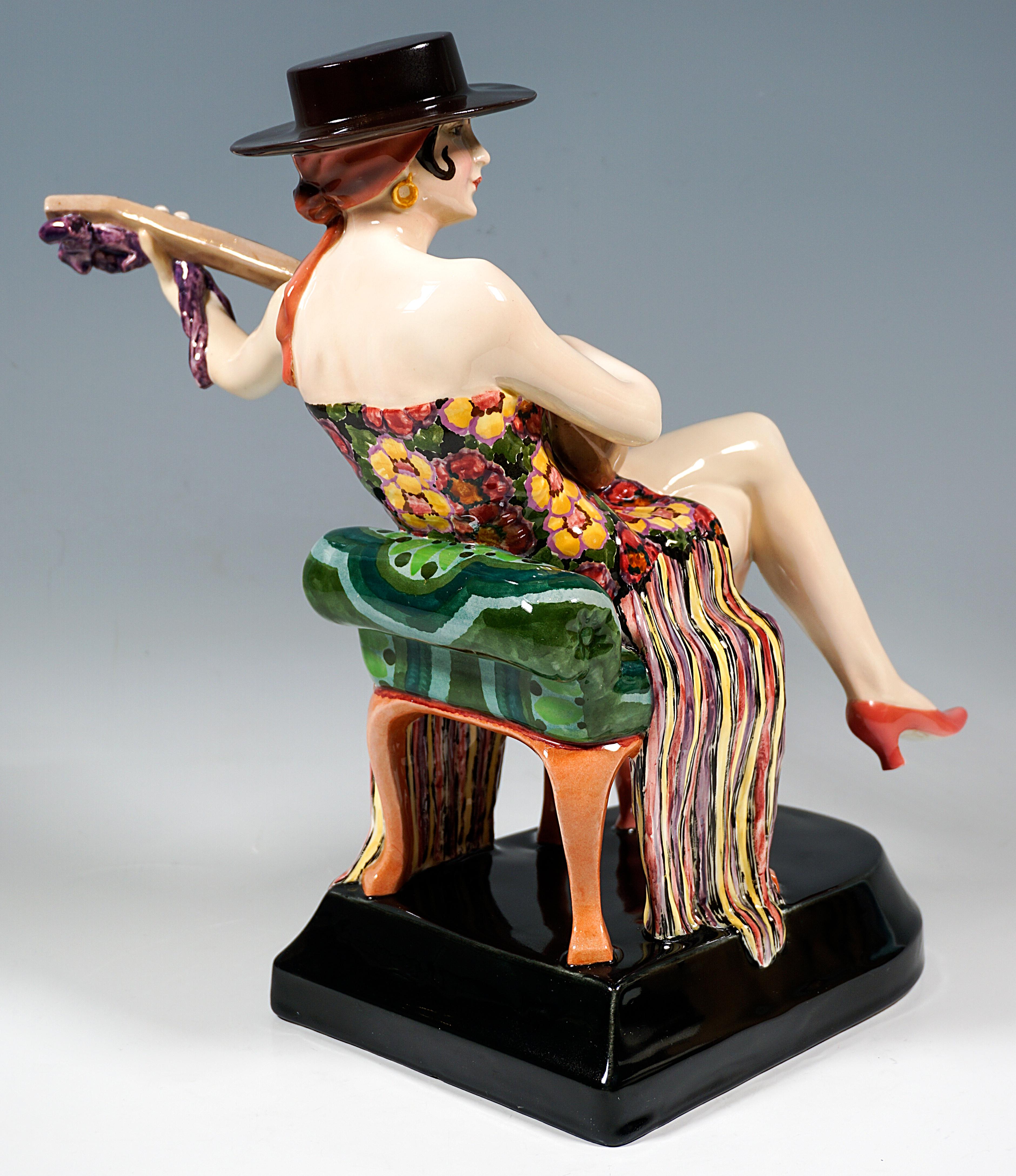 Art Deco Goldscheider Art Déco Figure, Seated Spanish Dancer With Guitar, Lorenzl, c 1926