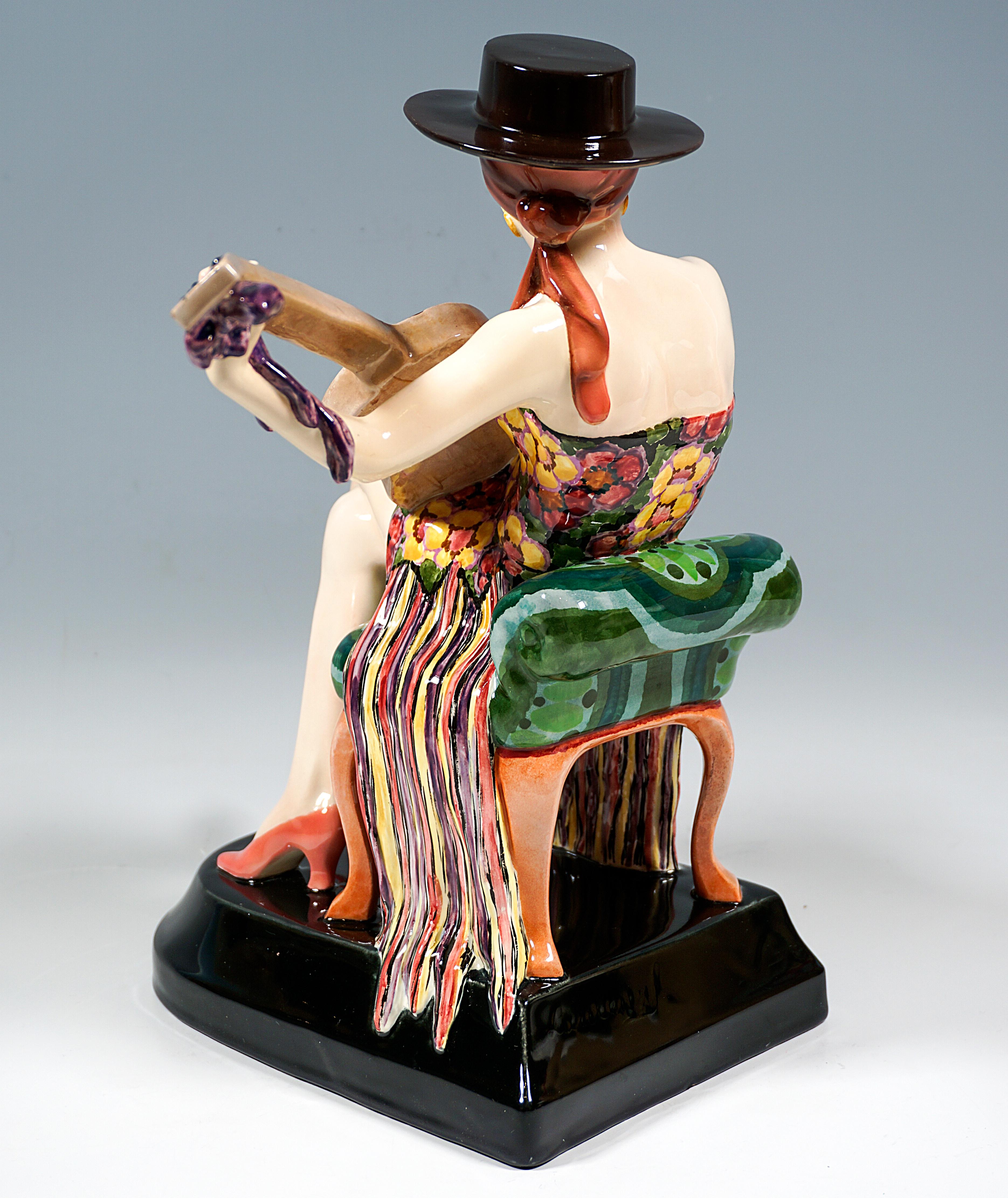 Austrian Goldscheider Art Déco Figure, Seated Spanish Dancer With Guitar, Lorenzl, c 1926