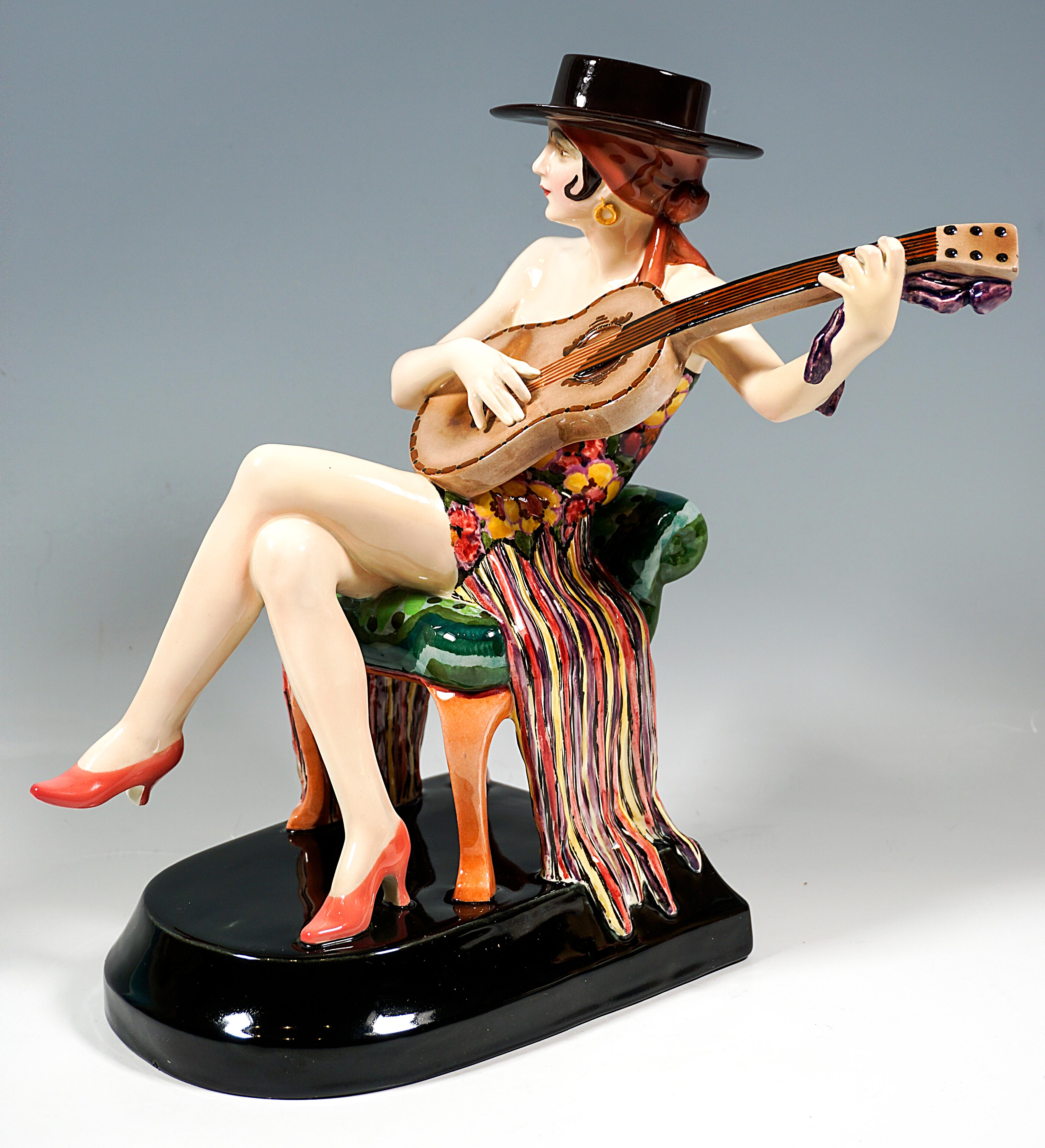 Hand-Crafted Goldscheider Art Déco Figure, Seated Spanish Dancer With Guitar, Lorenzl, c 1926